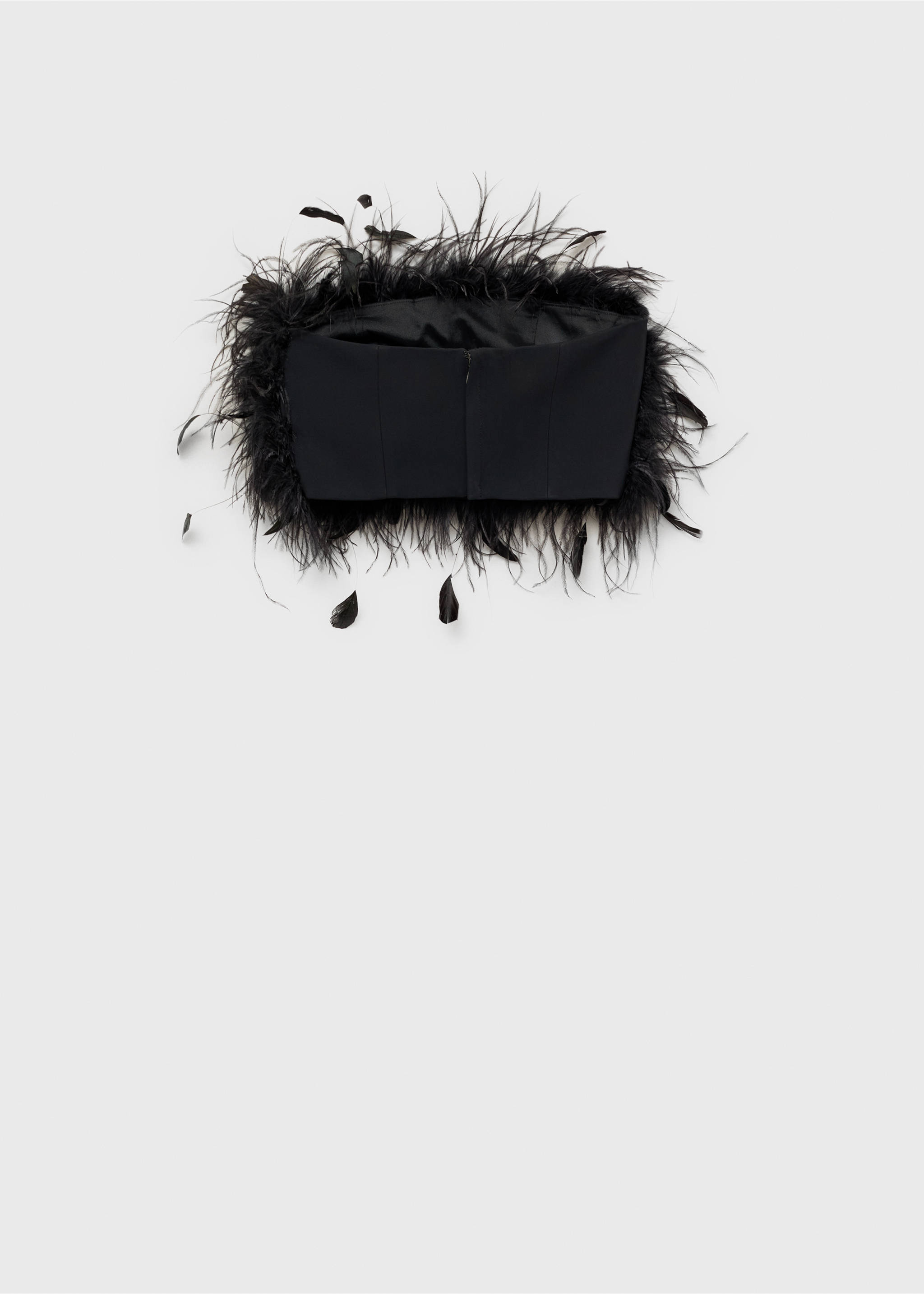 Black strapless top with feather trim in a still life view., Black. Ref: 87080423-00.