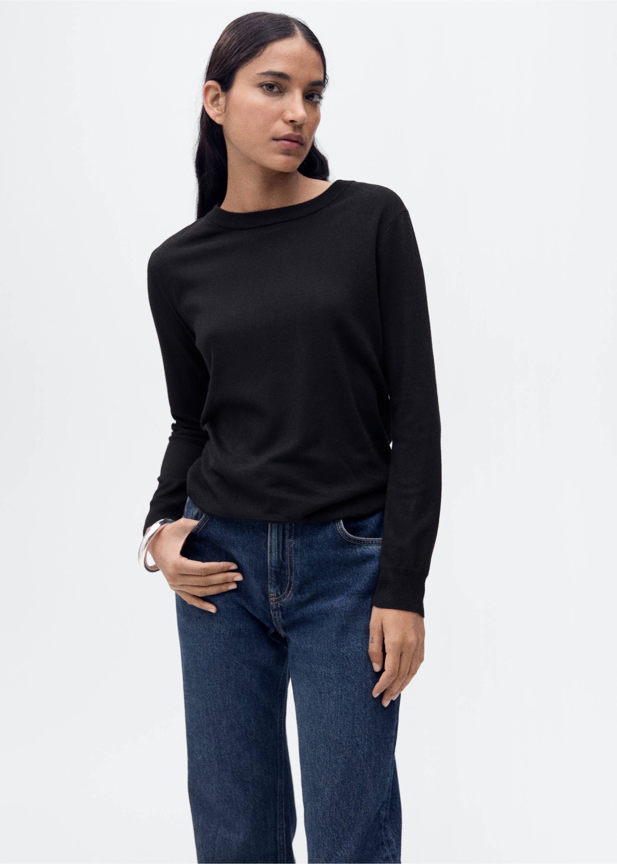 Wool-blend round-neck sweater - Medium plane, Black. Ref: 87080432-00.