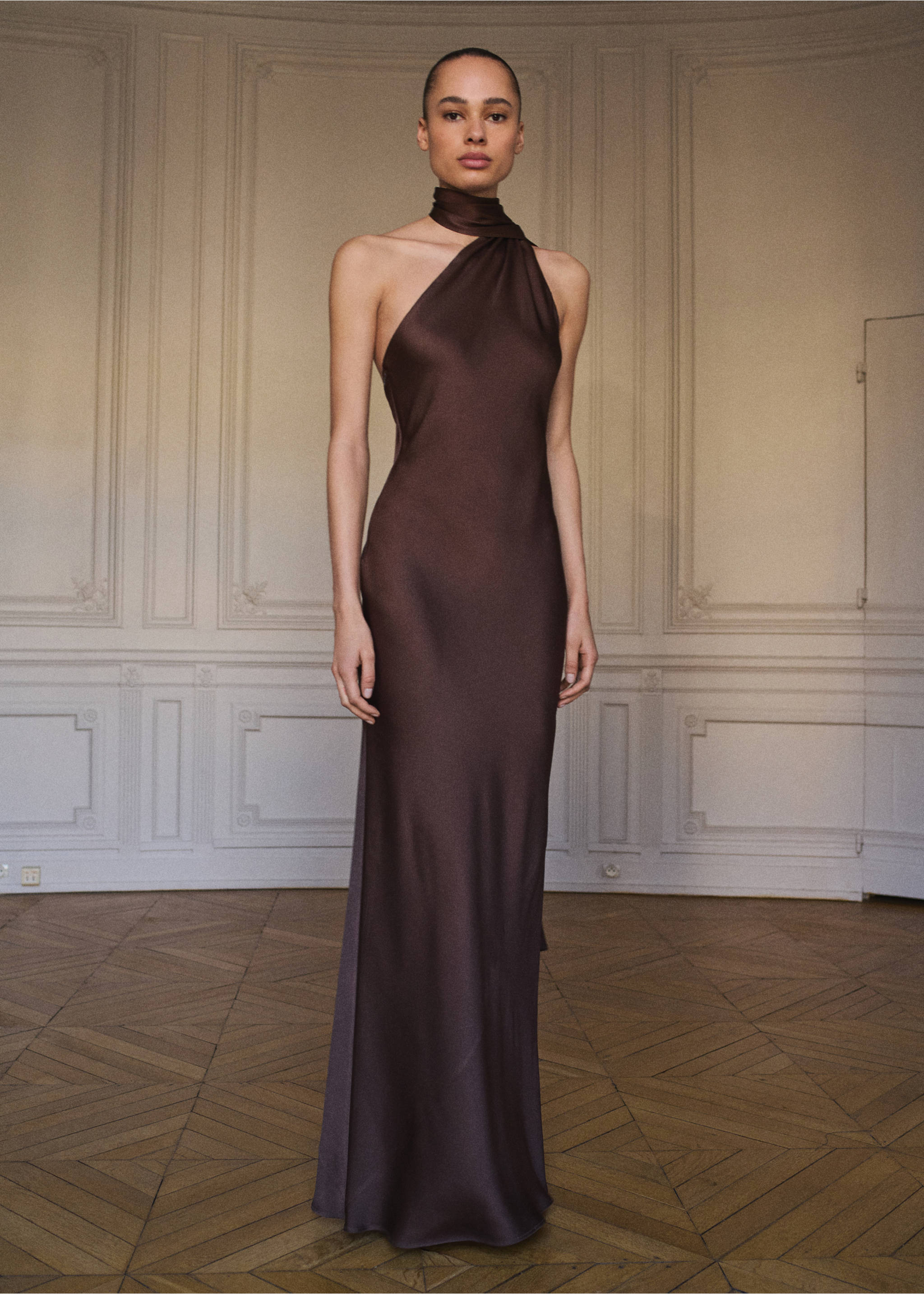Asymmetrical bow-neck dress - General plane, Brown. Ref: 87080443-00.