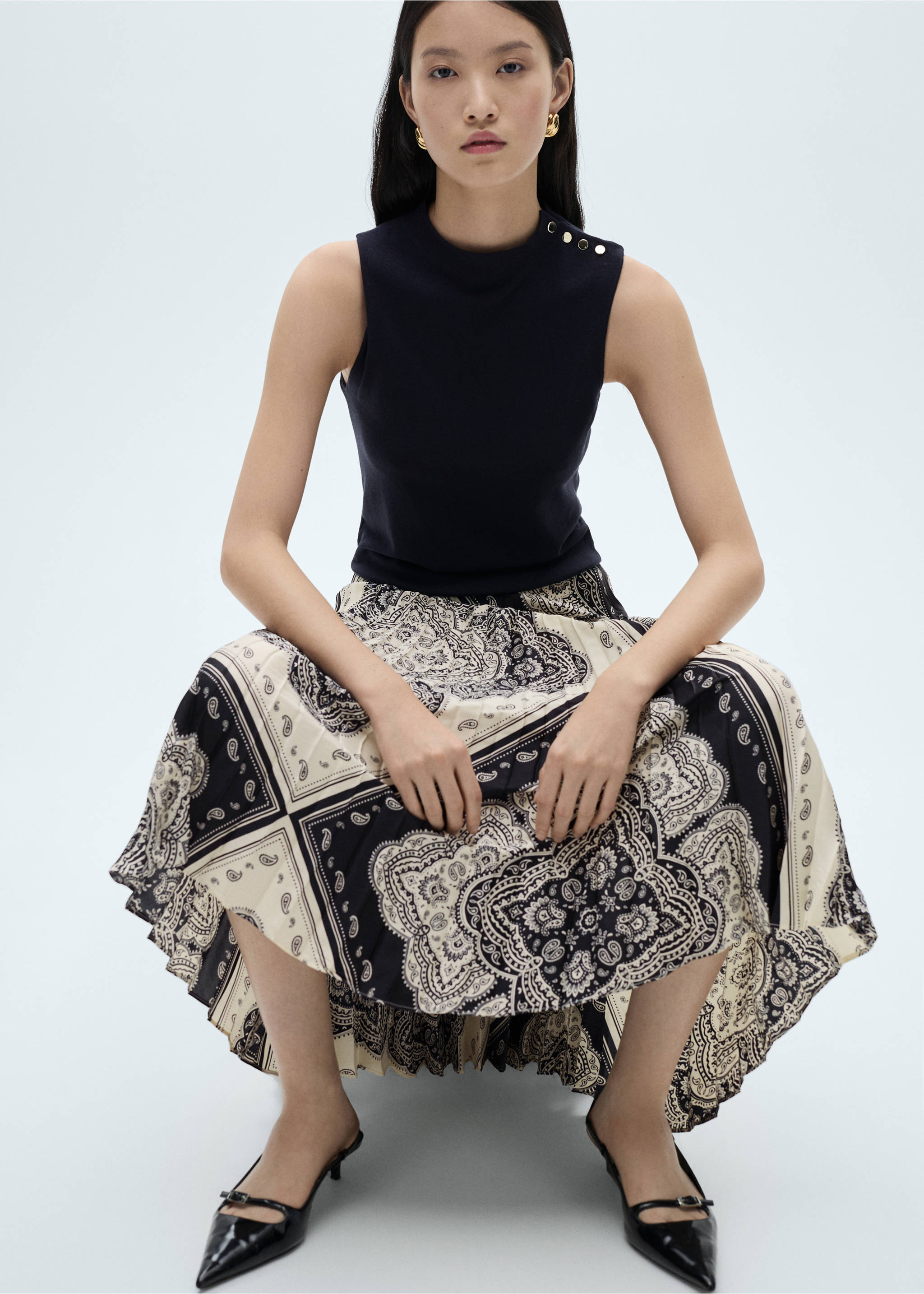 Paisley-print pleated skirt - Details of the article 2, Blue. Ref: 87080579-00.