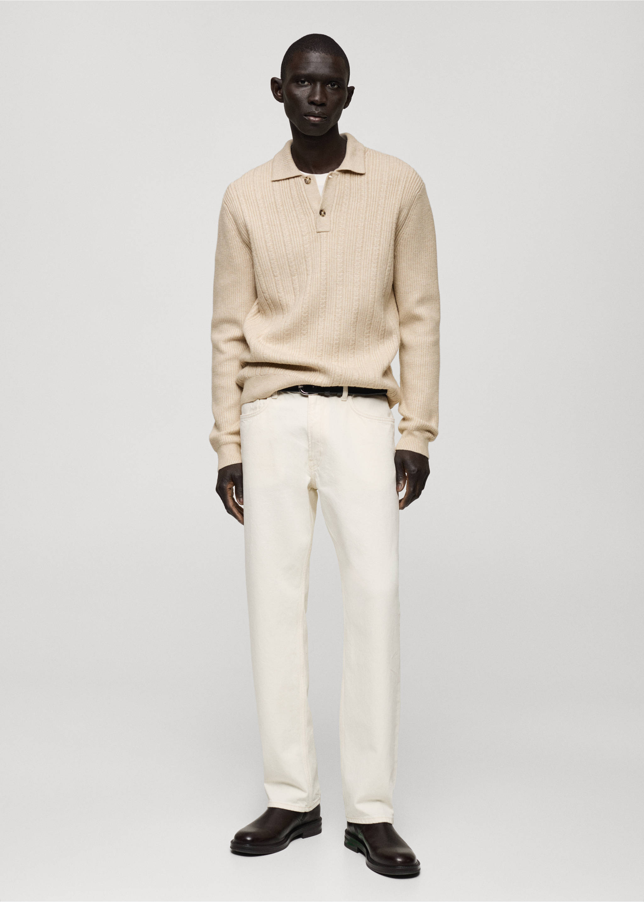 Strukturierter Strickpullover mit Polo-Kragen - Allgemeine Ansicht, Ecru. Ref: 87080599-00.
