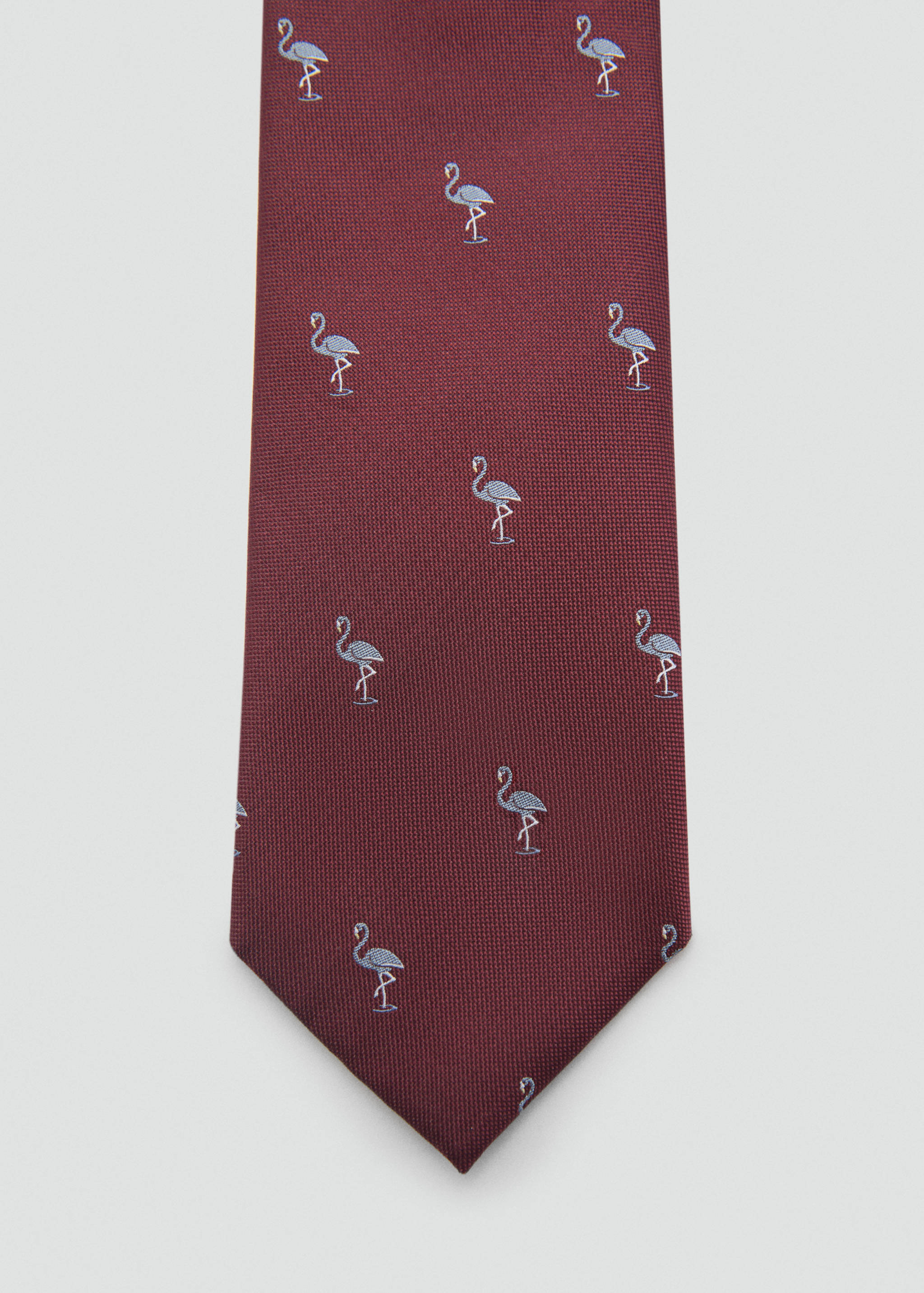 Burgundy textured tie with embroidered light blue flamingos.