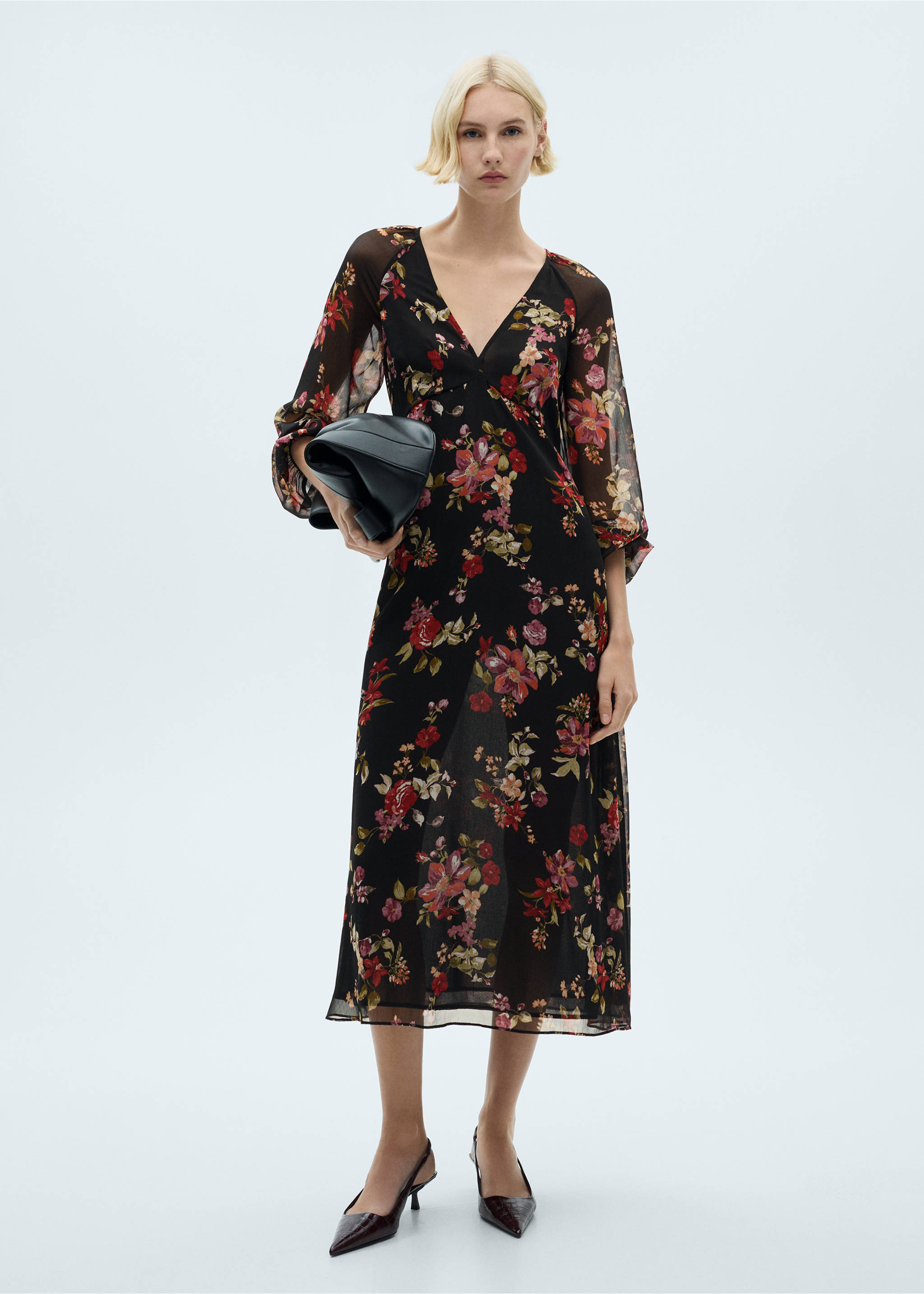 Floral puff-sleeve dress - General plane, Black. Ref: 87080642-00.