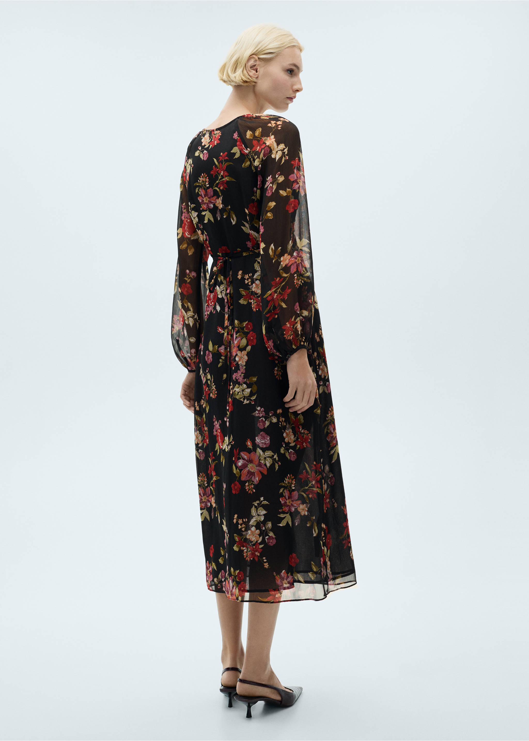 Floral puff-sleeve dress - Reverse of the article, Black. Ref: 87080642-00.