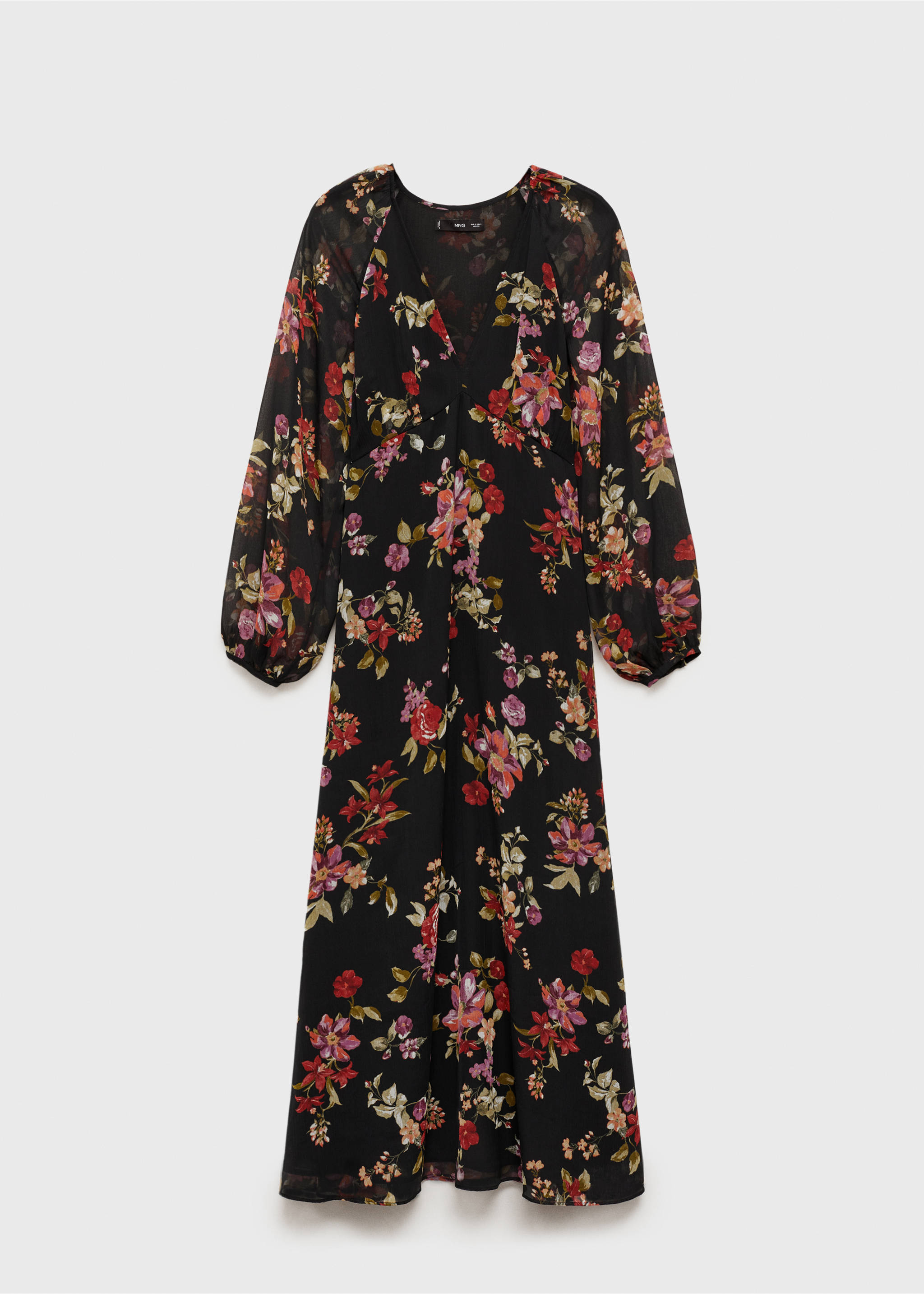 Floral puff-sleeve dress - Article without model, Black. Ref: 87080642-00.