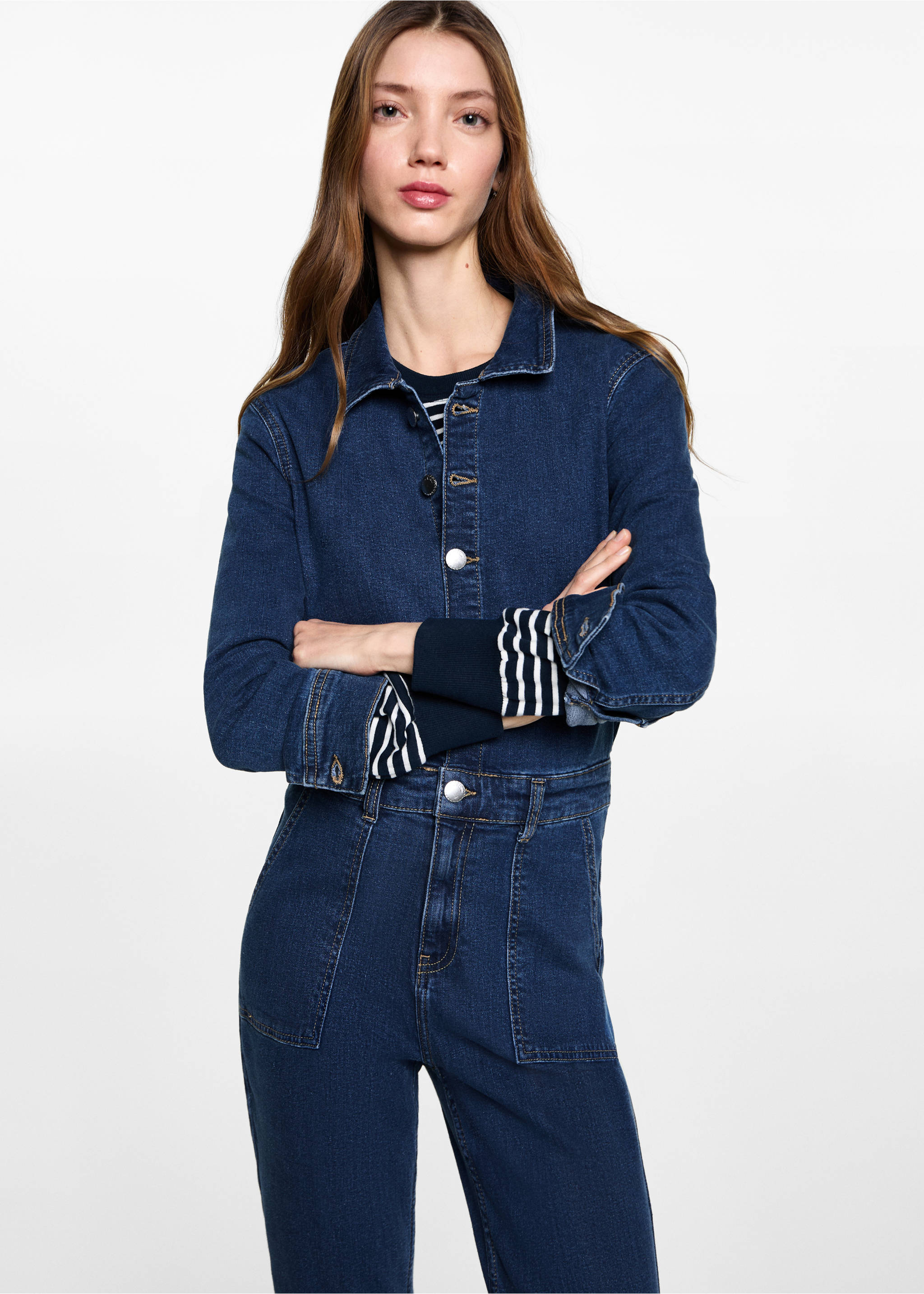 Ausgestellter Jeansoverall - Mittlere Ansicht, Mittelblau. Ref: 87081046-00.