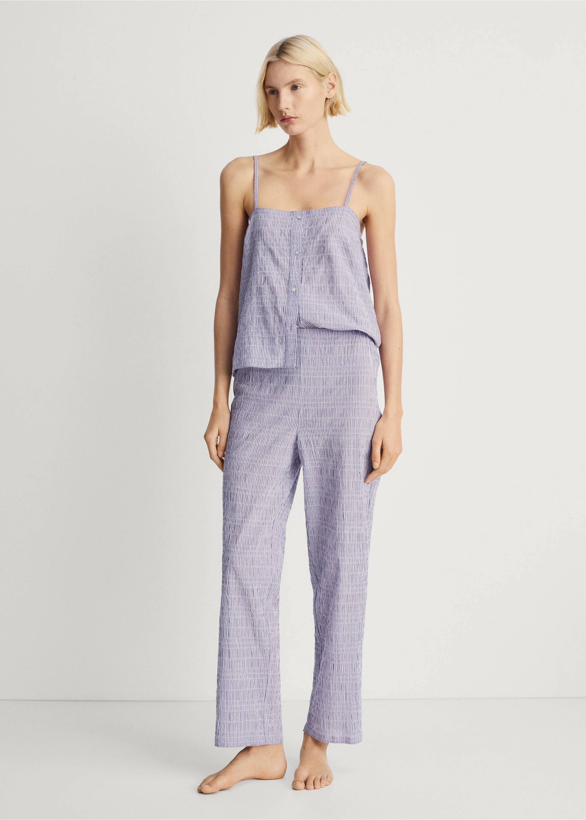 Hose Baumwolle gestreift gewebt Seersucker - Allgemeine Ansicht, Lila. Ref: 87082899-00.