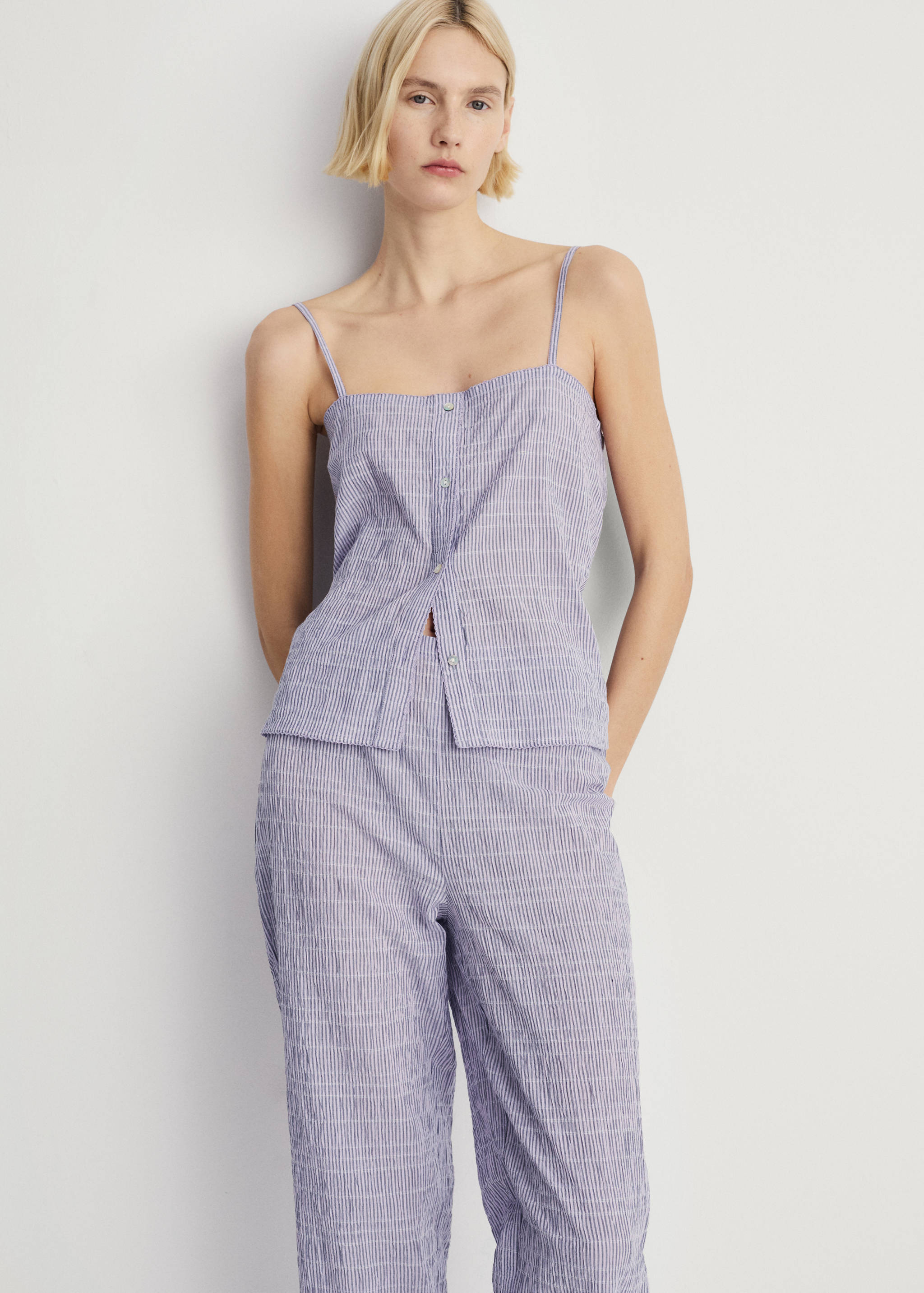 Cotton striped woven seersucker trousers - Details of the article 2