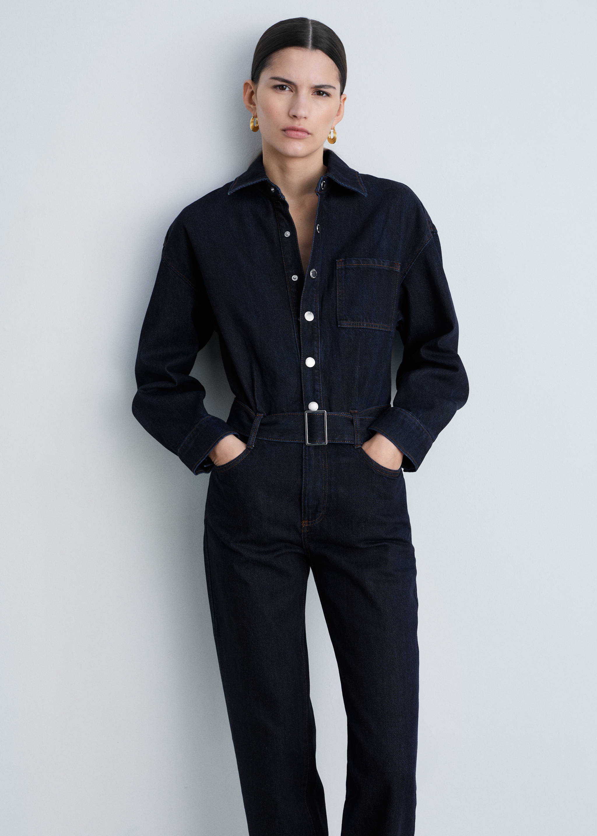 Rinse-wash denim jumpsuit with belt - Medium plane