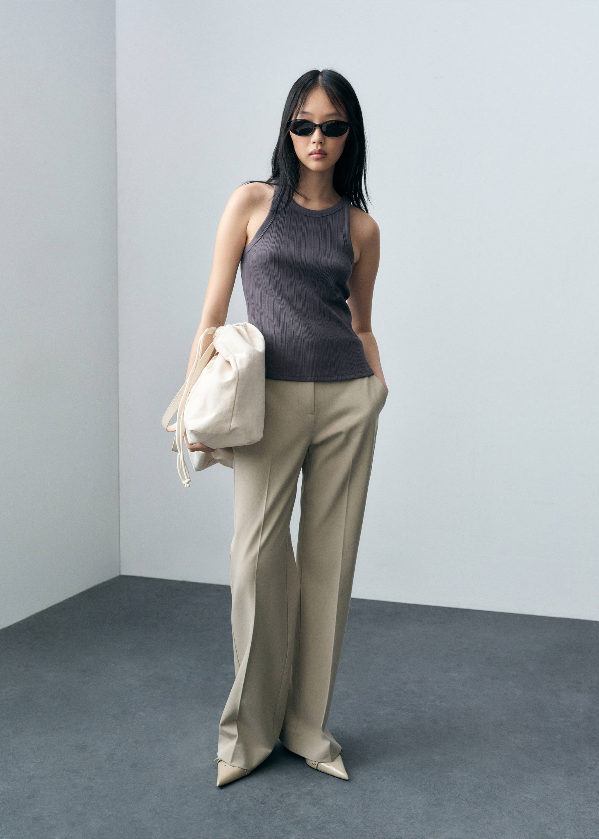 Cotton halter-neck top - General plane, Charcoal. Ref: 87083290-00.