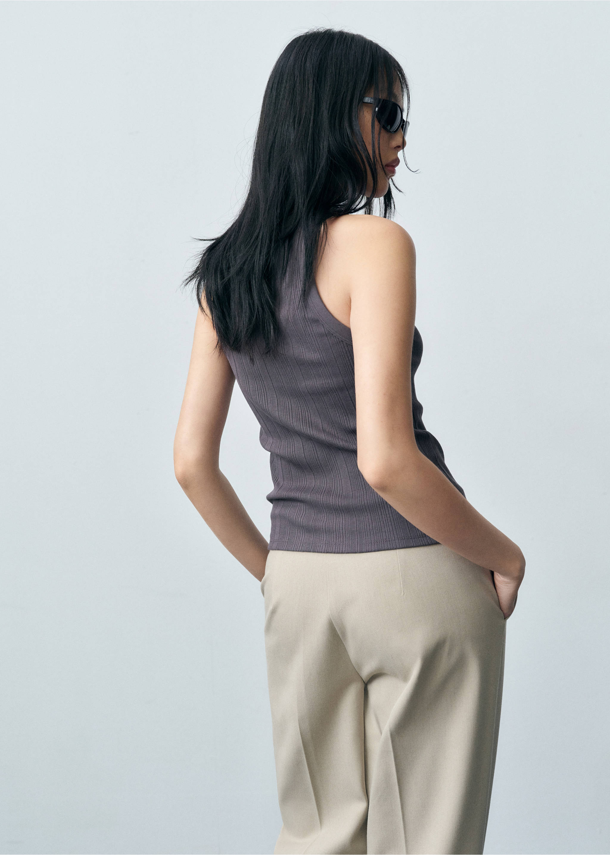 Cotton halter-neck top - Reverse of the article, Charcoal. Ref: 87083290-00.