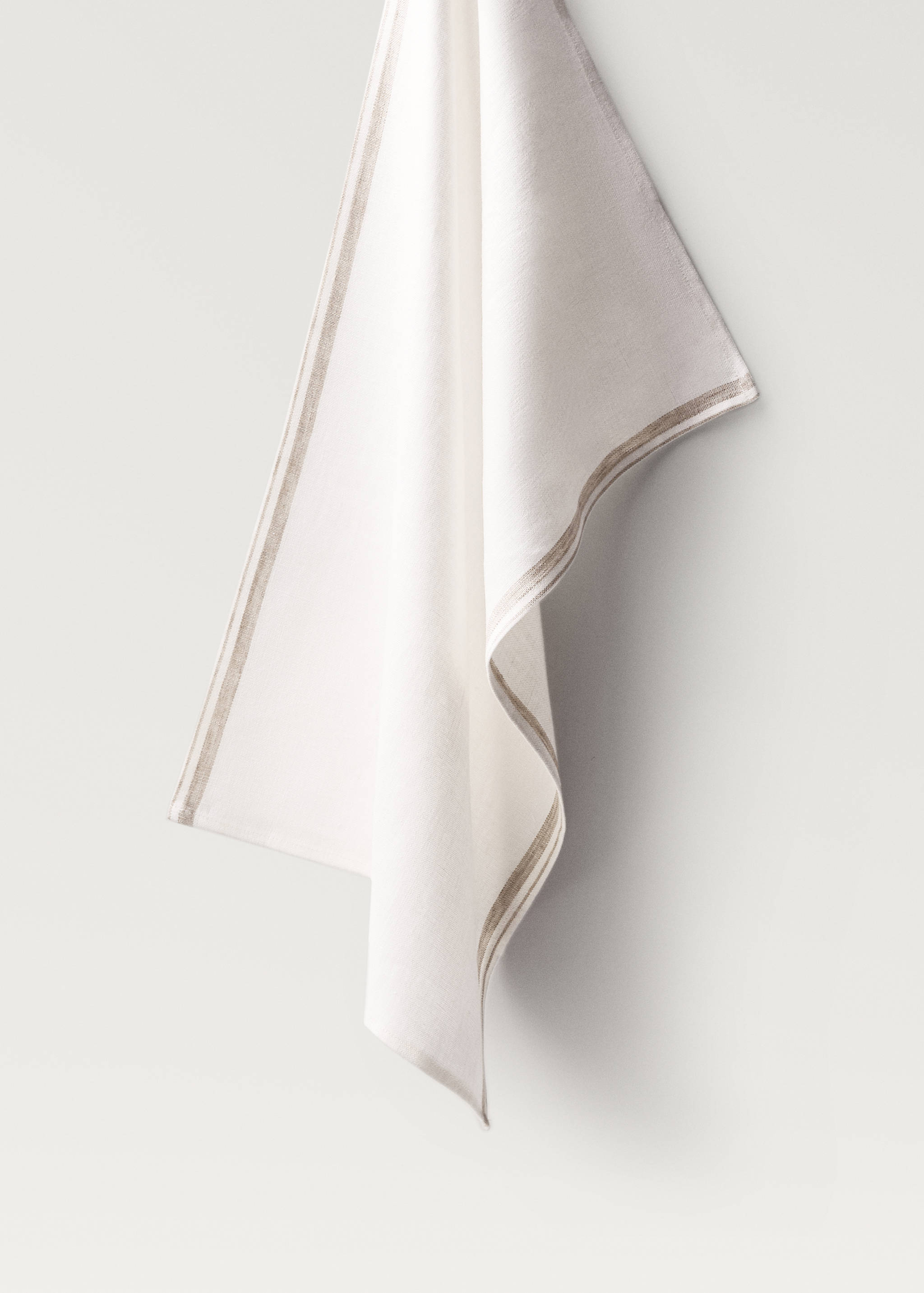 White kitchen tea towel with beige striped borders.