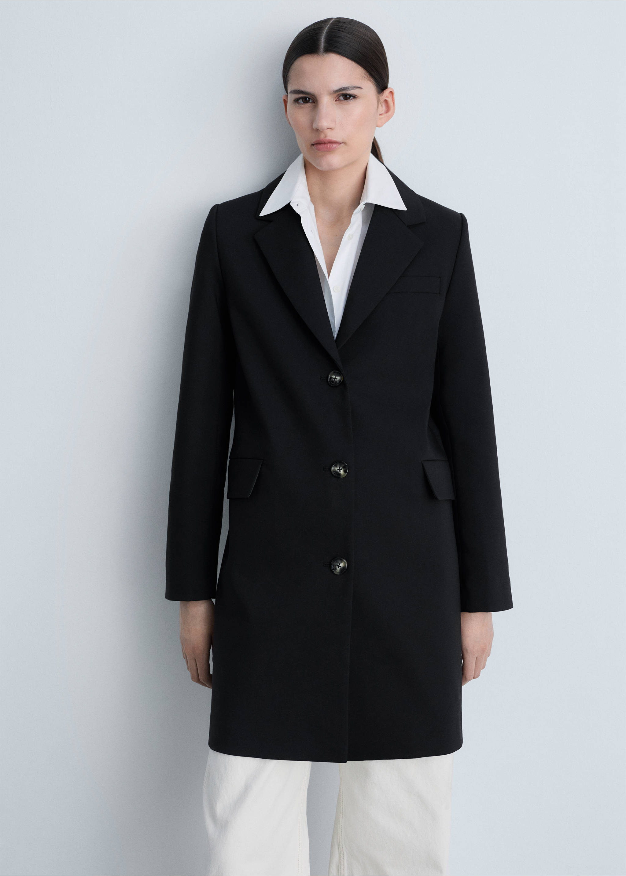 Katoenen midi-jas met knopen - Middenvlak, Zwart. Ref: 87084062-00.