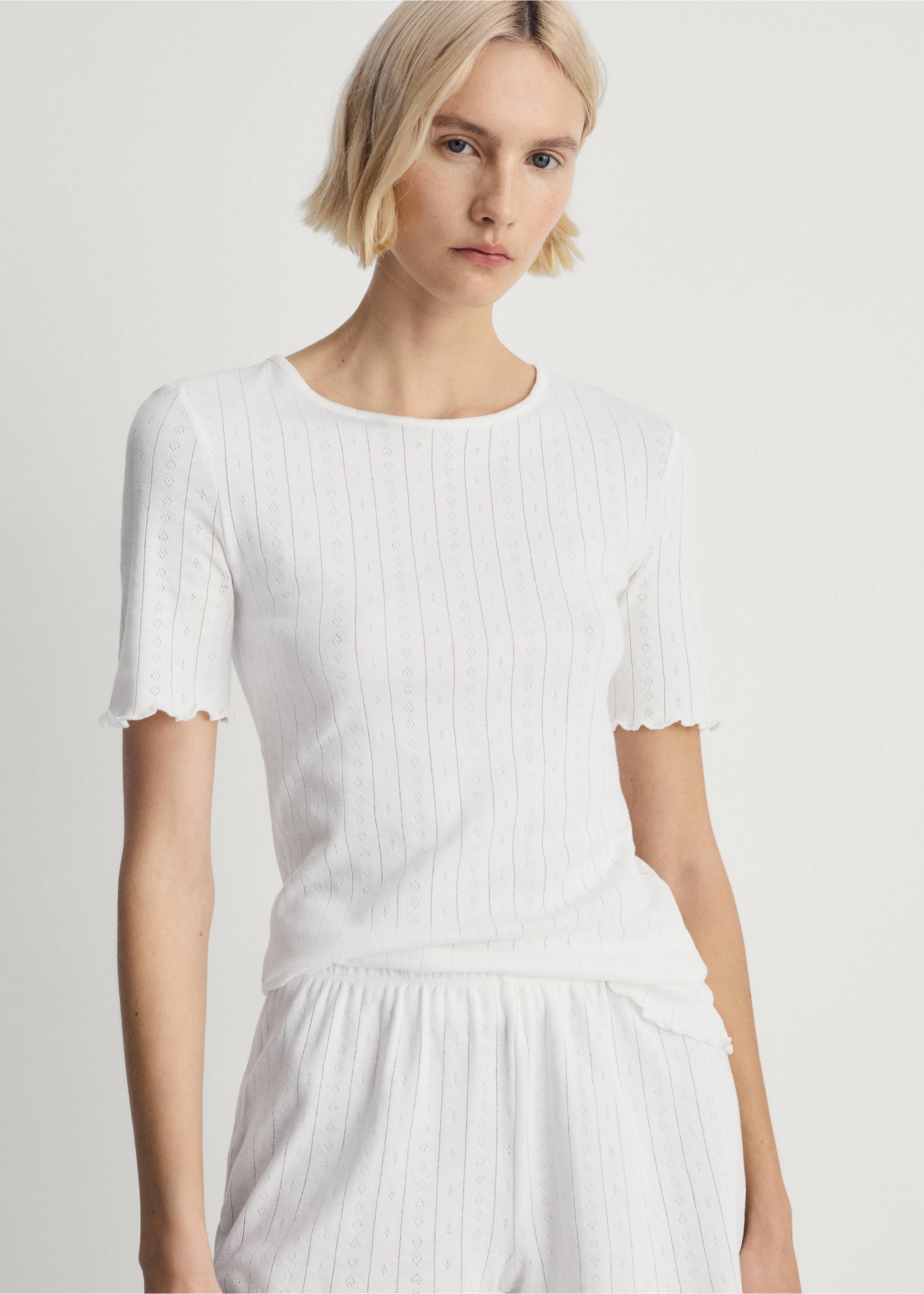 Unstitched cotton pyjama top - Medium plane, White. Ref: 87084065-00.