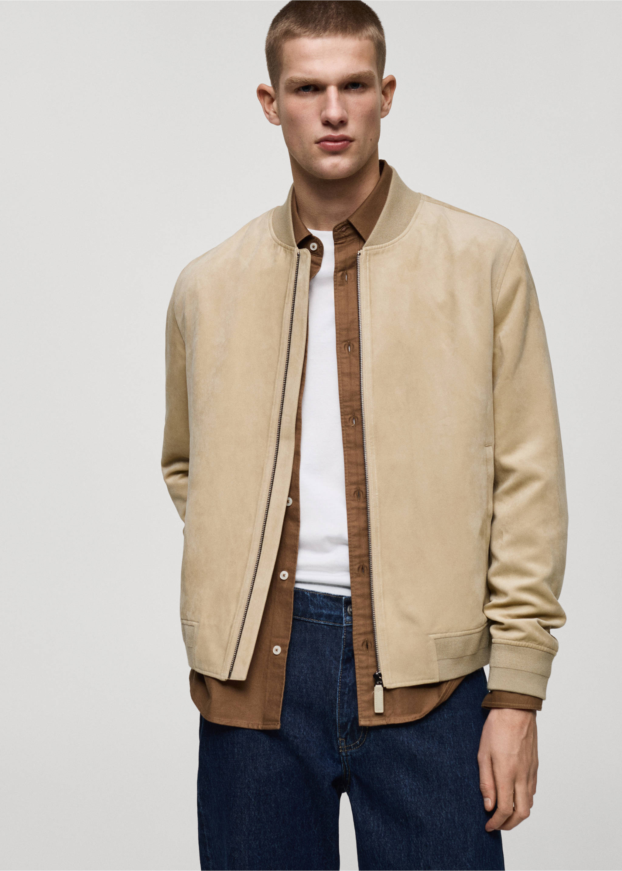 Suede-effect bomber jacket - Medium plane, Ecru. Ref: 87084386-00.