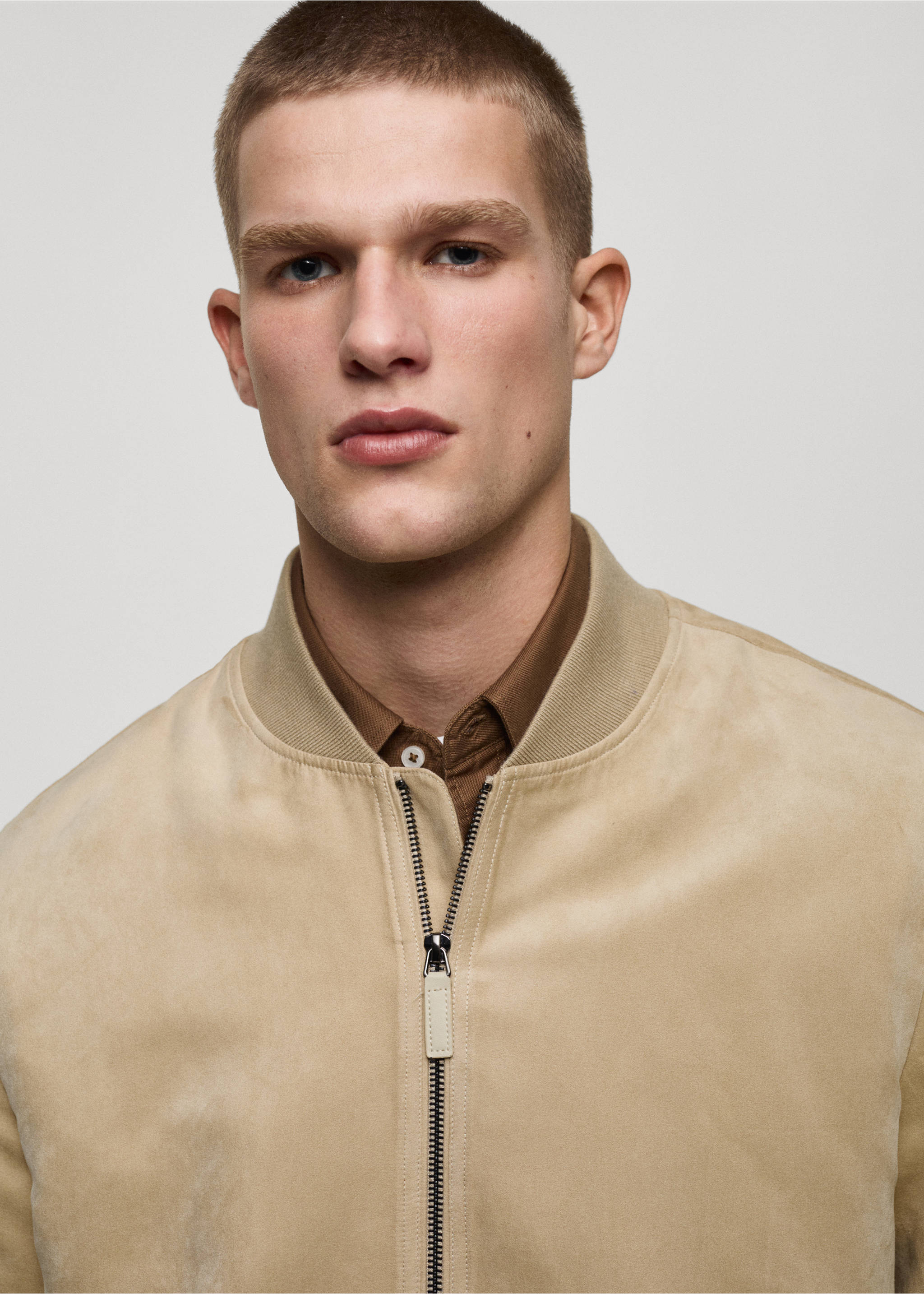 Suede-effect bomber jacket - Details of the article 1, Ecru. Ref: 87084386-00.