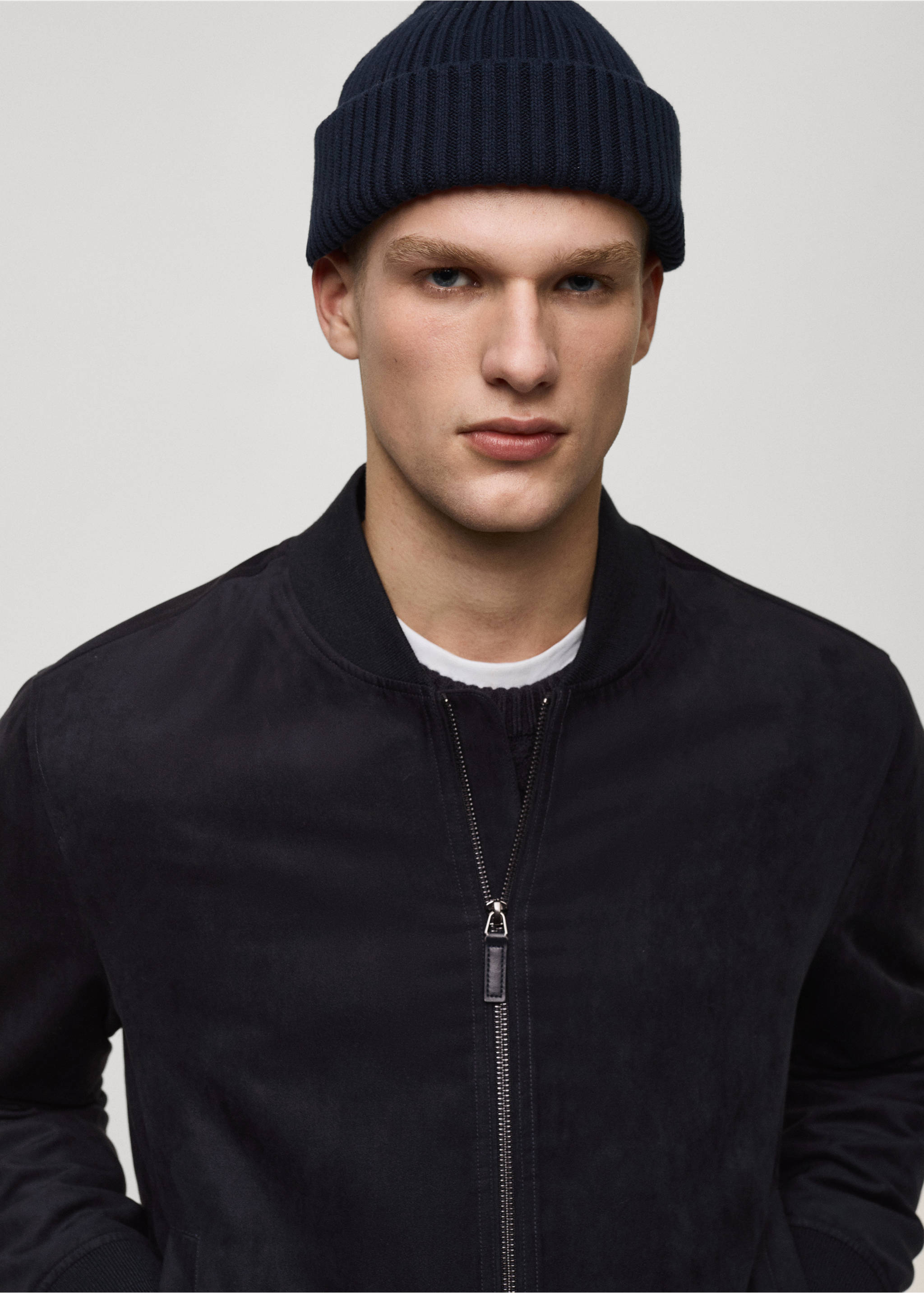 Suede-effect bomber jacket - Details of the article 1, Night Blue. Ref: 87084386-00.