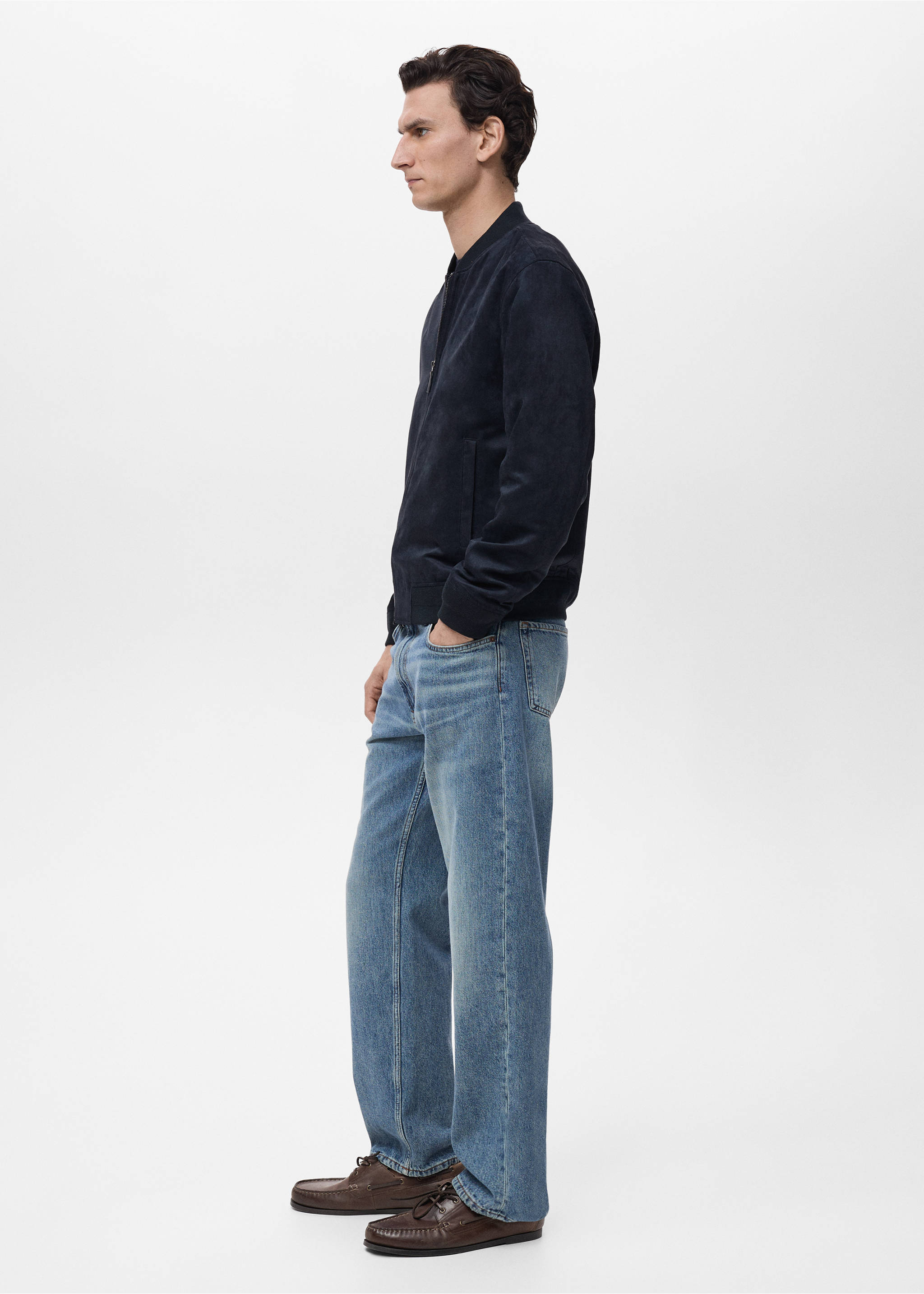 Suede-effect bomber jacket - Details of the article 5, Night Blue. Ref: 87084386-00.