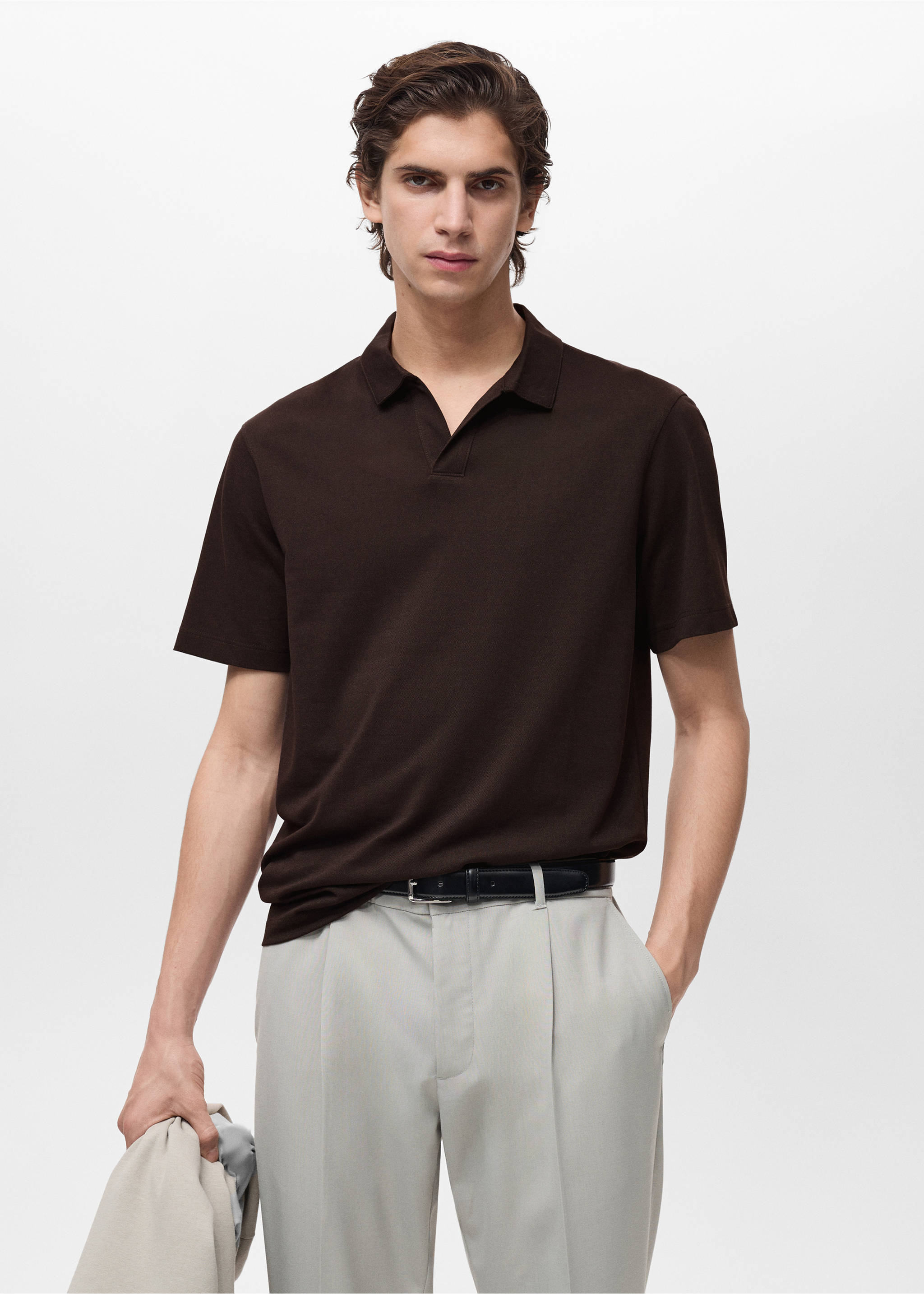 Slim-fit cotton-piqué polo shirt - Medium plane, Chocolate. Ref: 87084409-00.