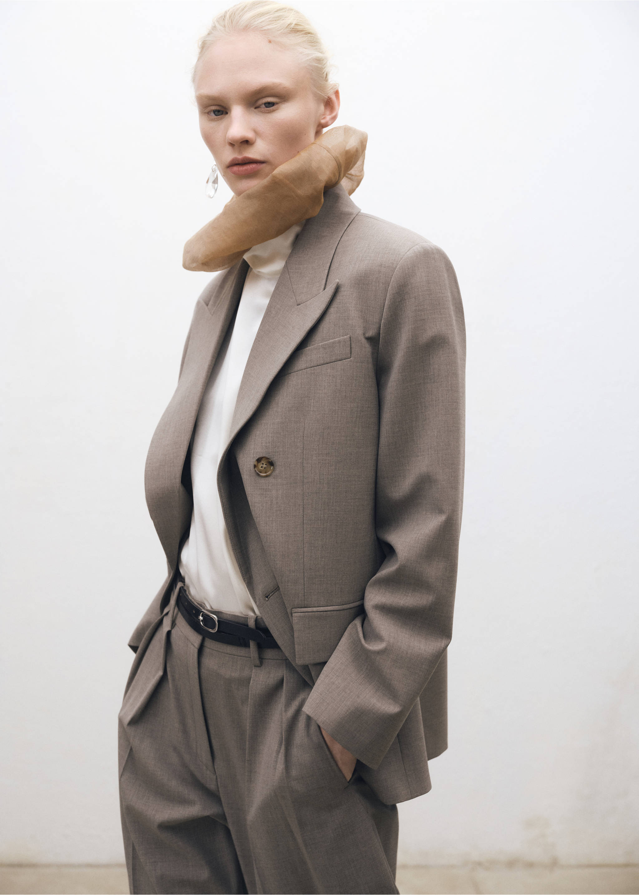 Wide leg wool-blend suit pants - Details of the article 2, Medium Brown. Ref: 87084426-00.