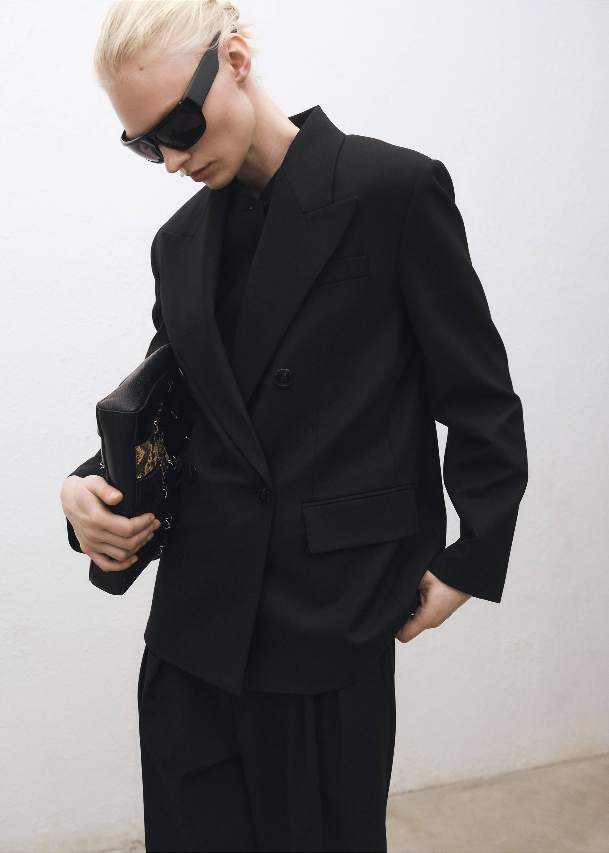 Wide leg wool-blend suit pants - Details of the article 1, Black. Ref: 87084426-00.