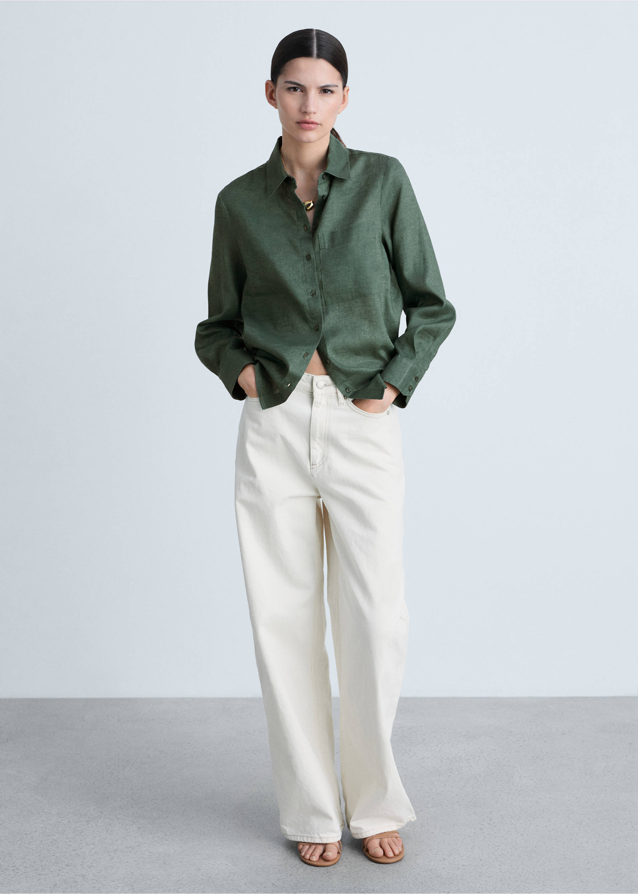 Leinen-Hemdbluse mit Tasche - Allgemeine Ansicht, Grün. Ref: 87085729-00.