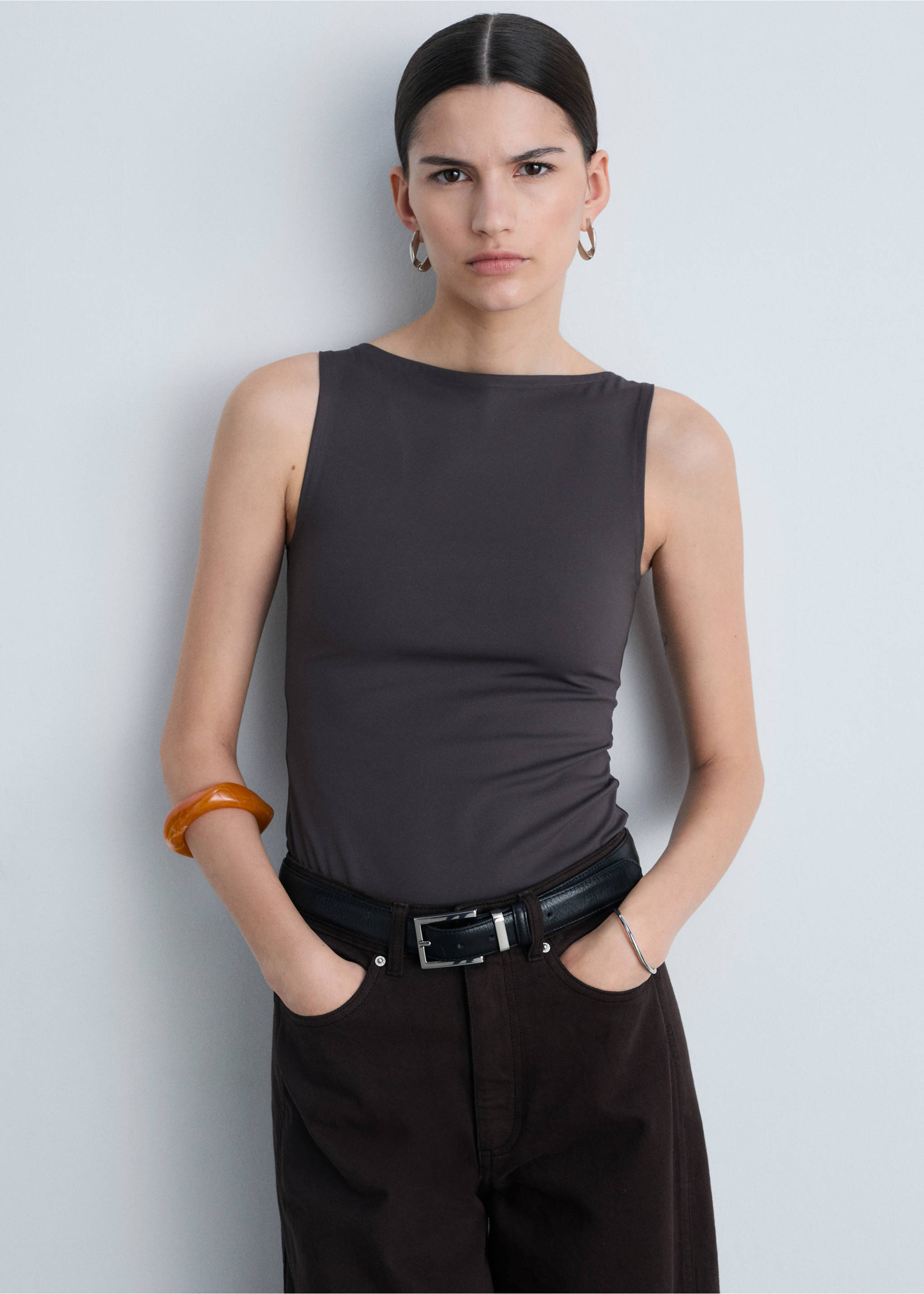 Boat-neck strapless top - Medium plane, Grey. Ref: 87085746-00.
