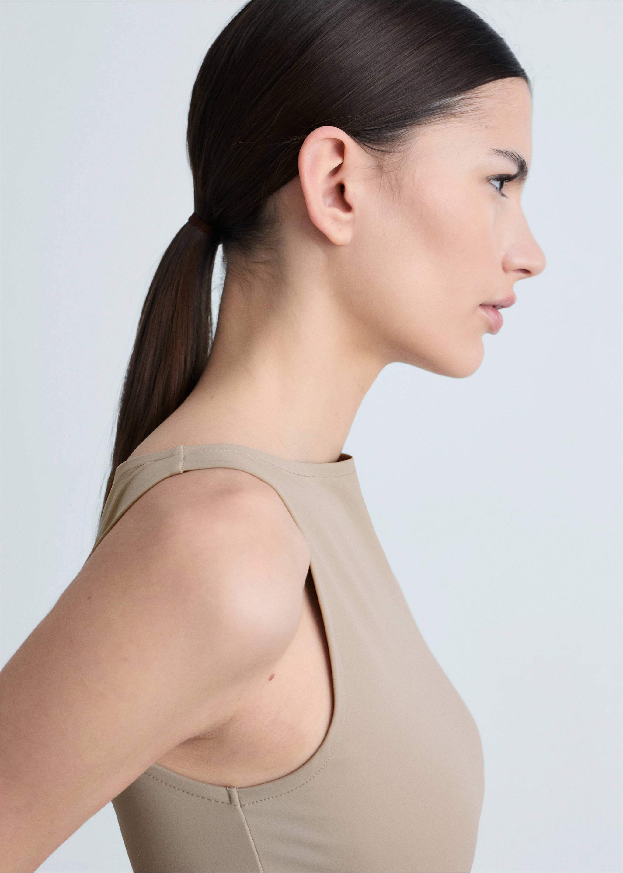 Boat-neck strapless top - Details of the article 1, Light/Pastel Brown. Ref: 87085746-00.
