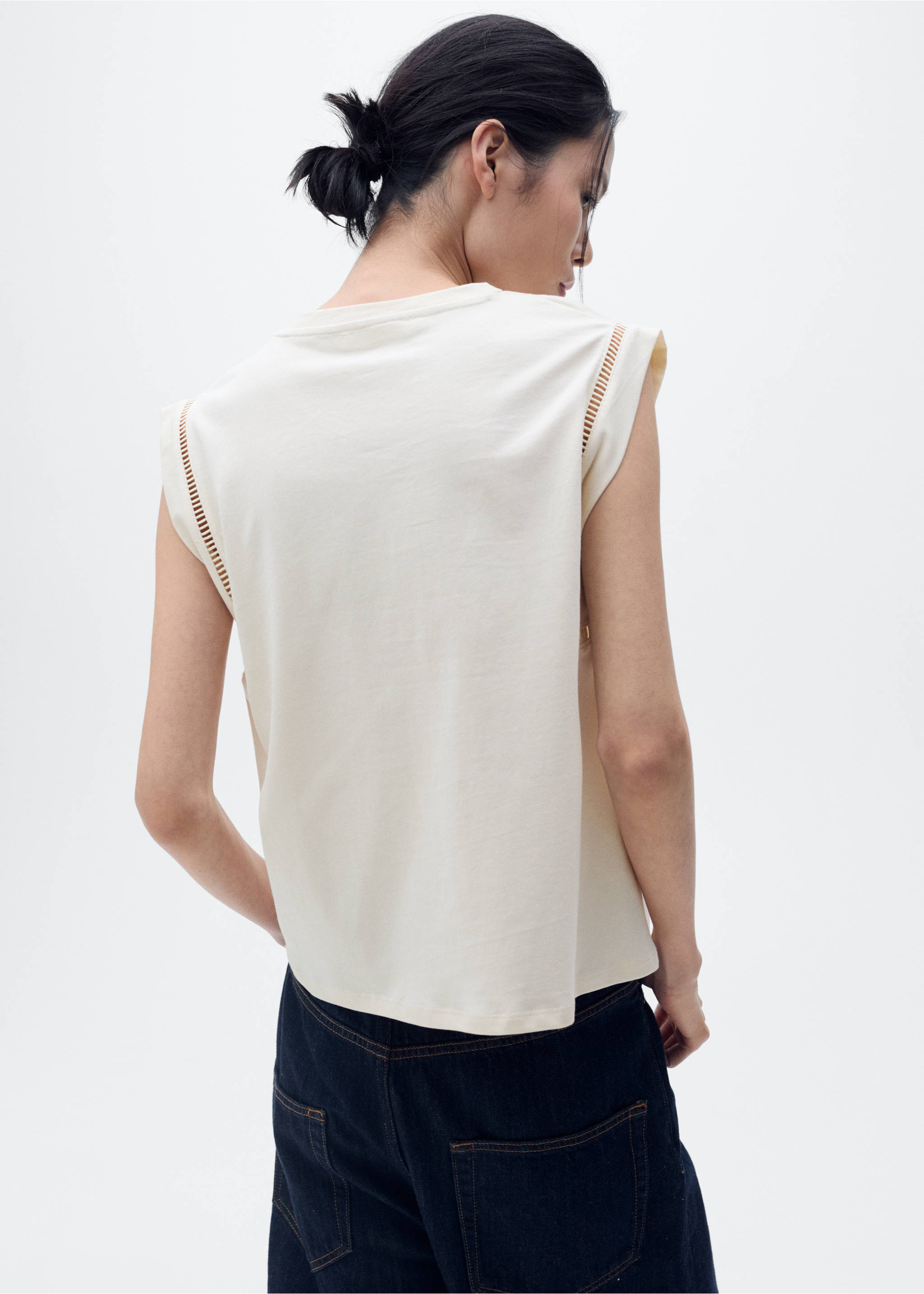Cotton t-shirt with openwork trim - Reverse of the article, Beige. Ref: 87085752-00.