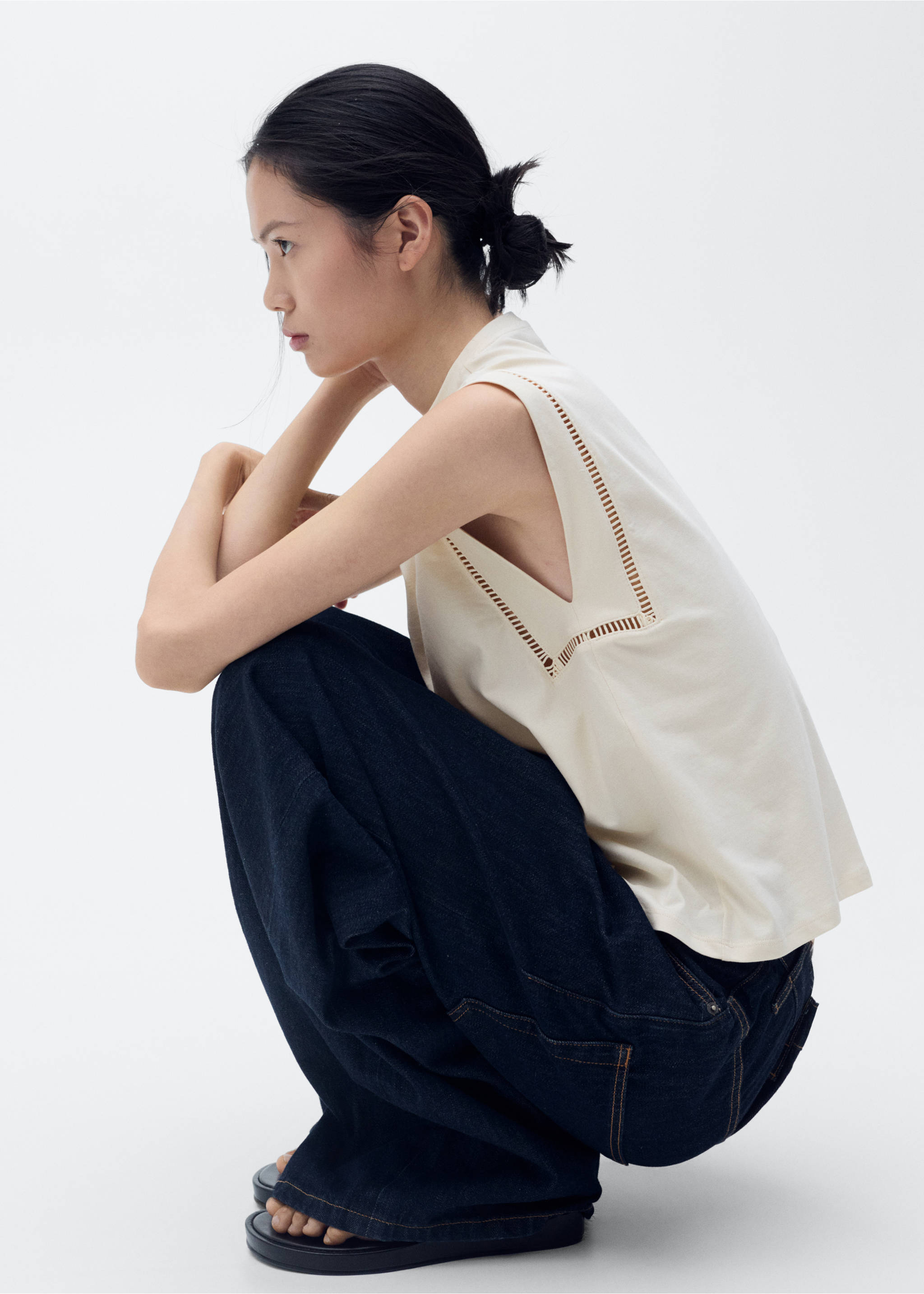 Cotton t-shirt with openwork trim - Details of the article 2, Beige. Ref: 87085752-00.