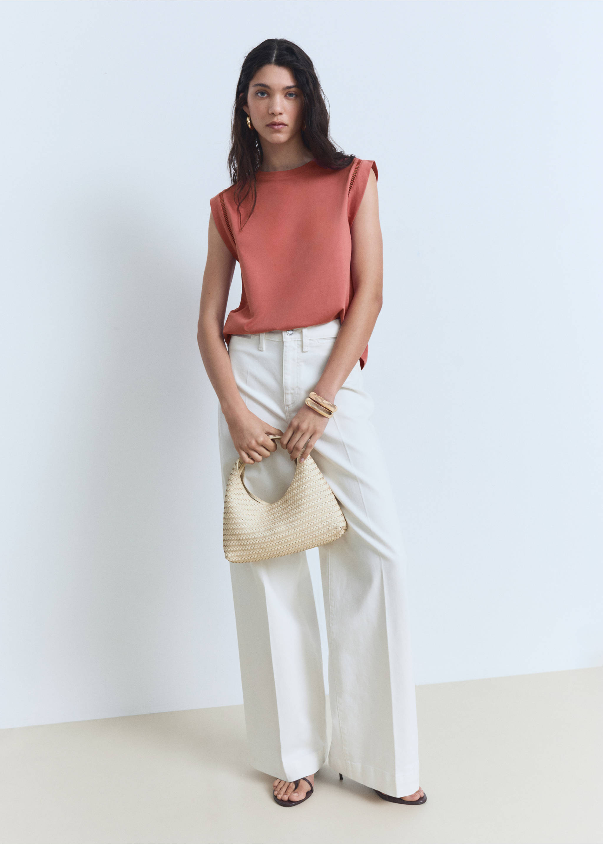 Camiseta algodón ribetes calados - Plano general, Fresa. Ref: 87085752-00.