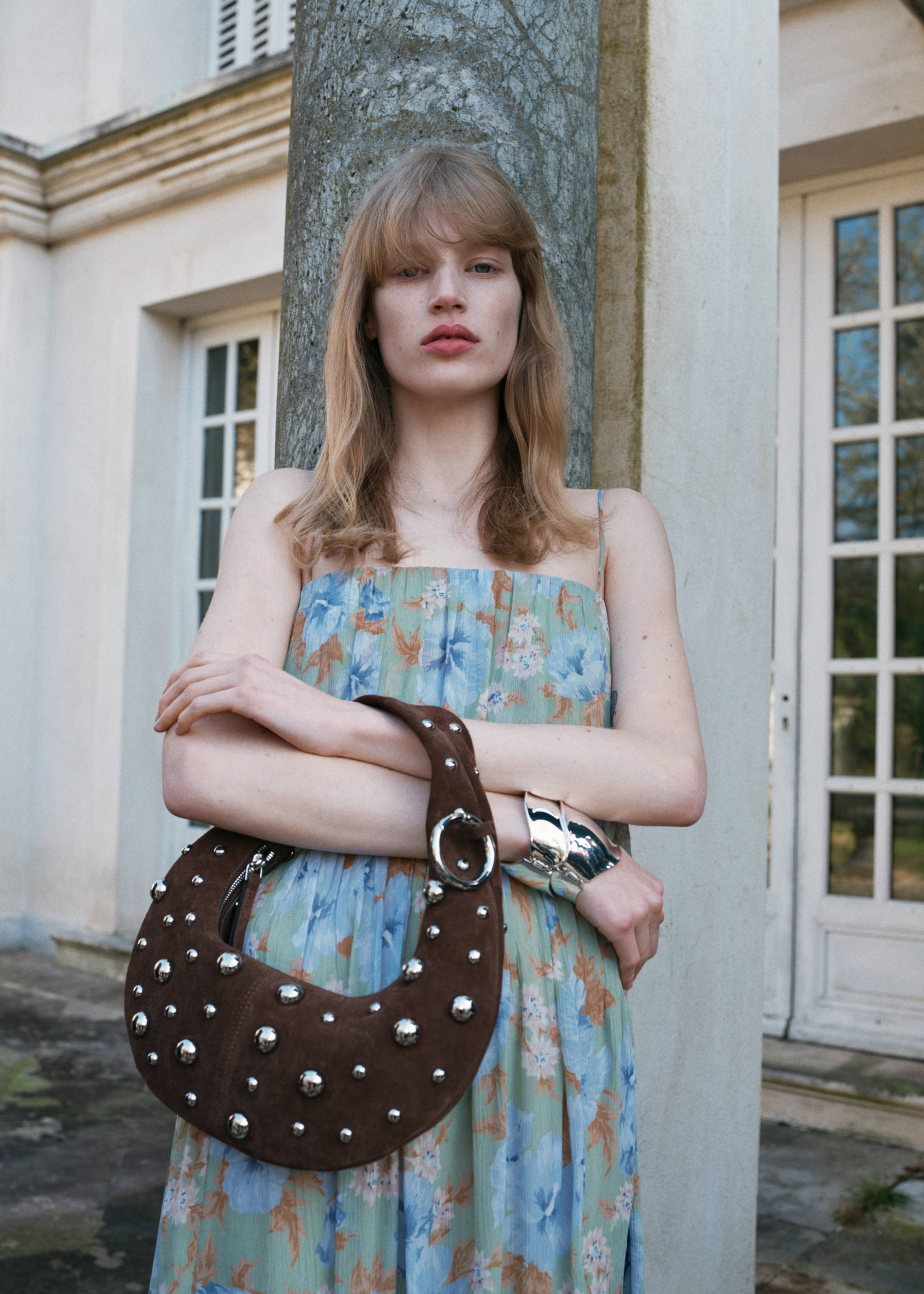 Leather handbag with metallic-balls appliqué - General plane