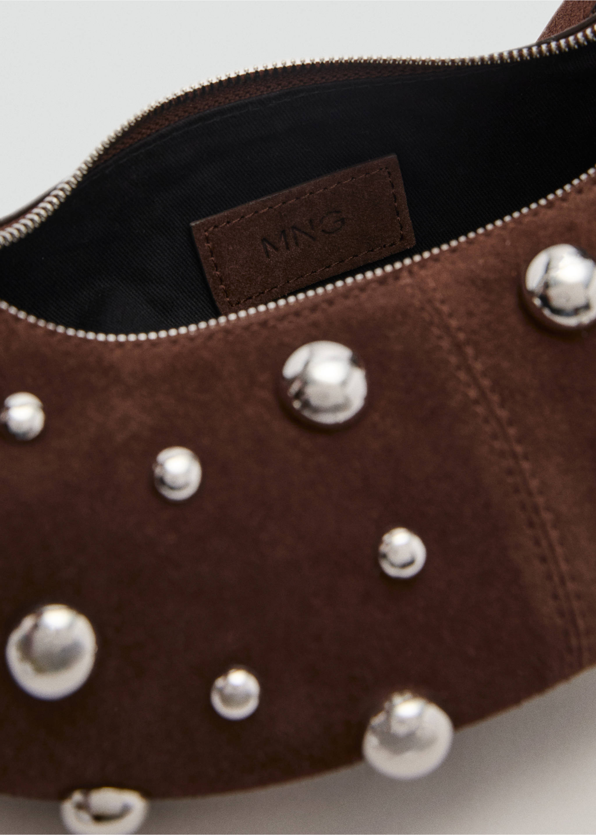 Leather handbag with metallic-balls appliqué - Details of the article 2, Chocolate. Ref: 87085763-00.