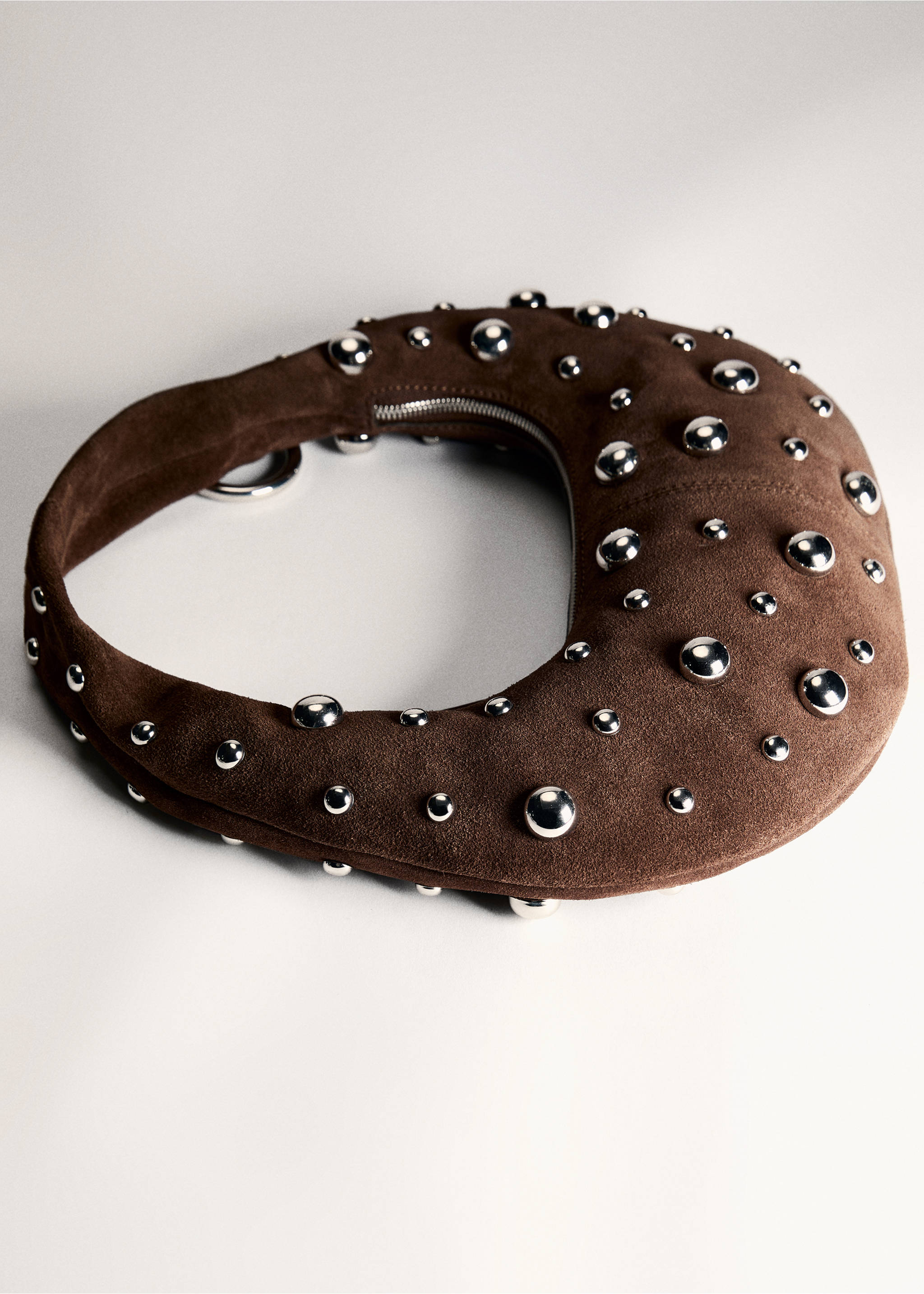 Leather handbag with metallic-balls appliqué - Details of the article 5, Chocolate. Ref: 87085763-00.
