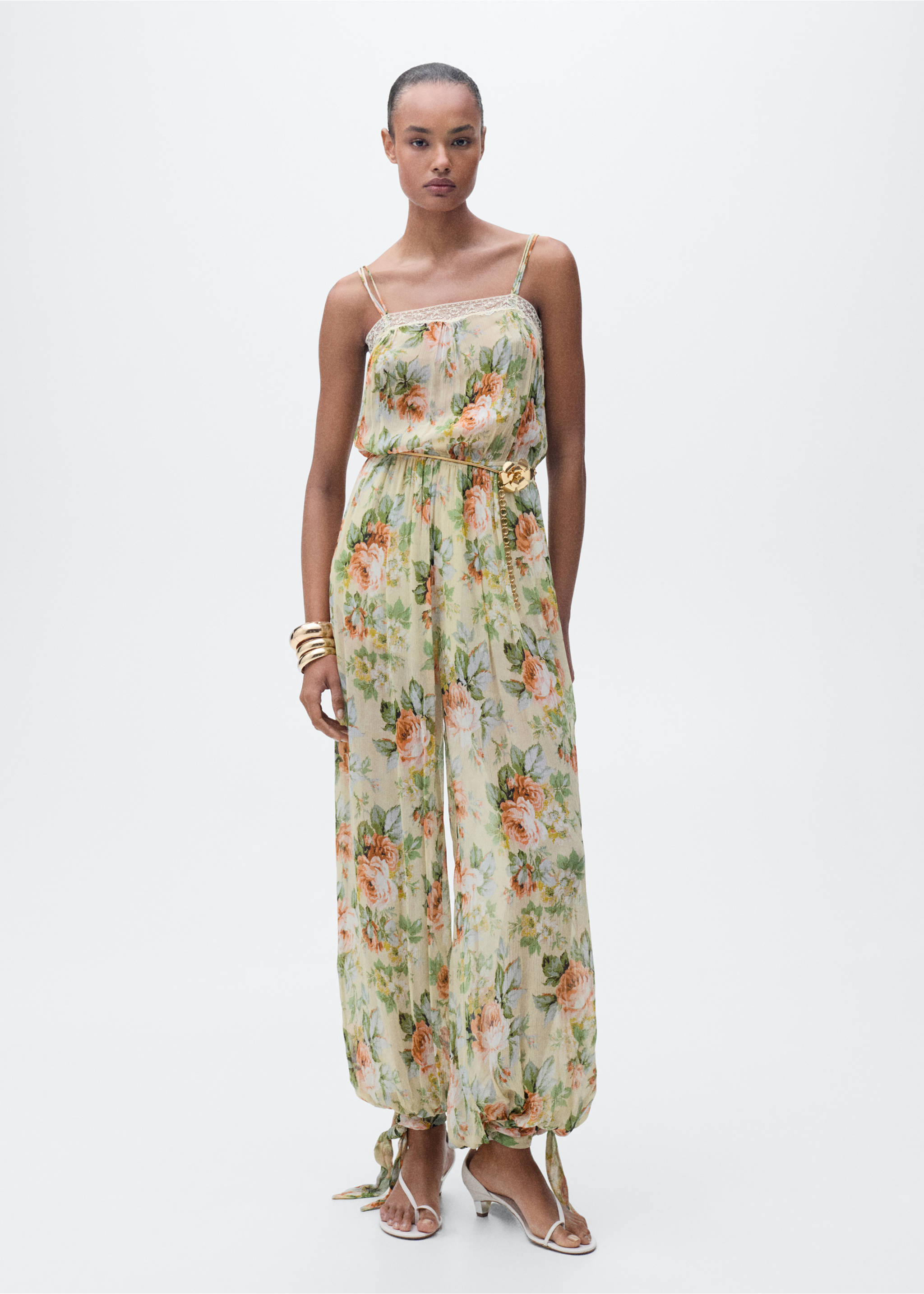 Long floral jumpsuit with puffed hem - General plane, Ecru. Ref: 87085765-00.