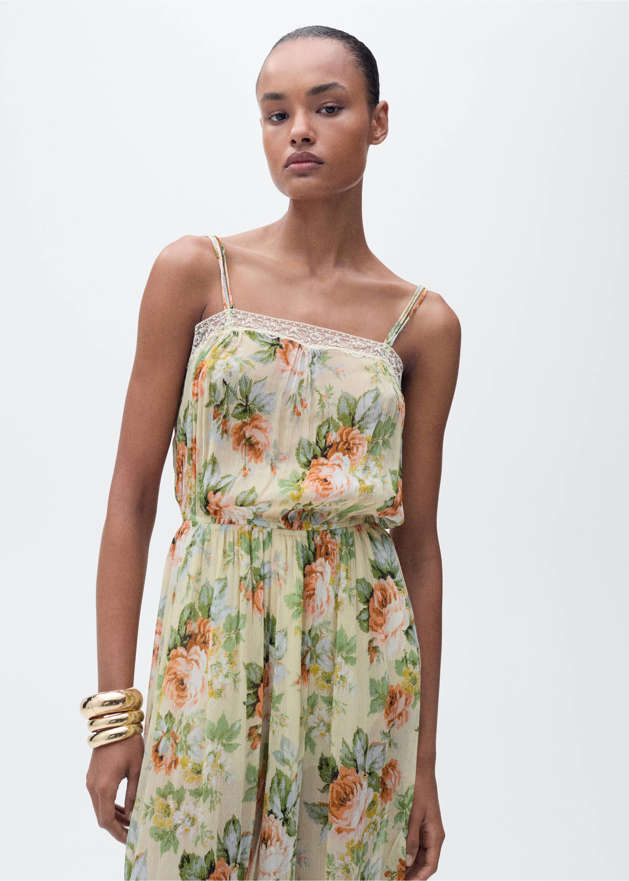 Long floral jumpsuit with puffed hem - Medium plane, Ecru. Ref: 87085765-00.