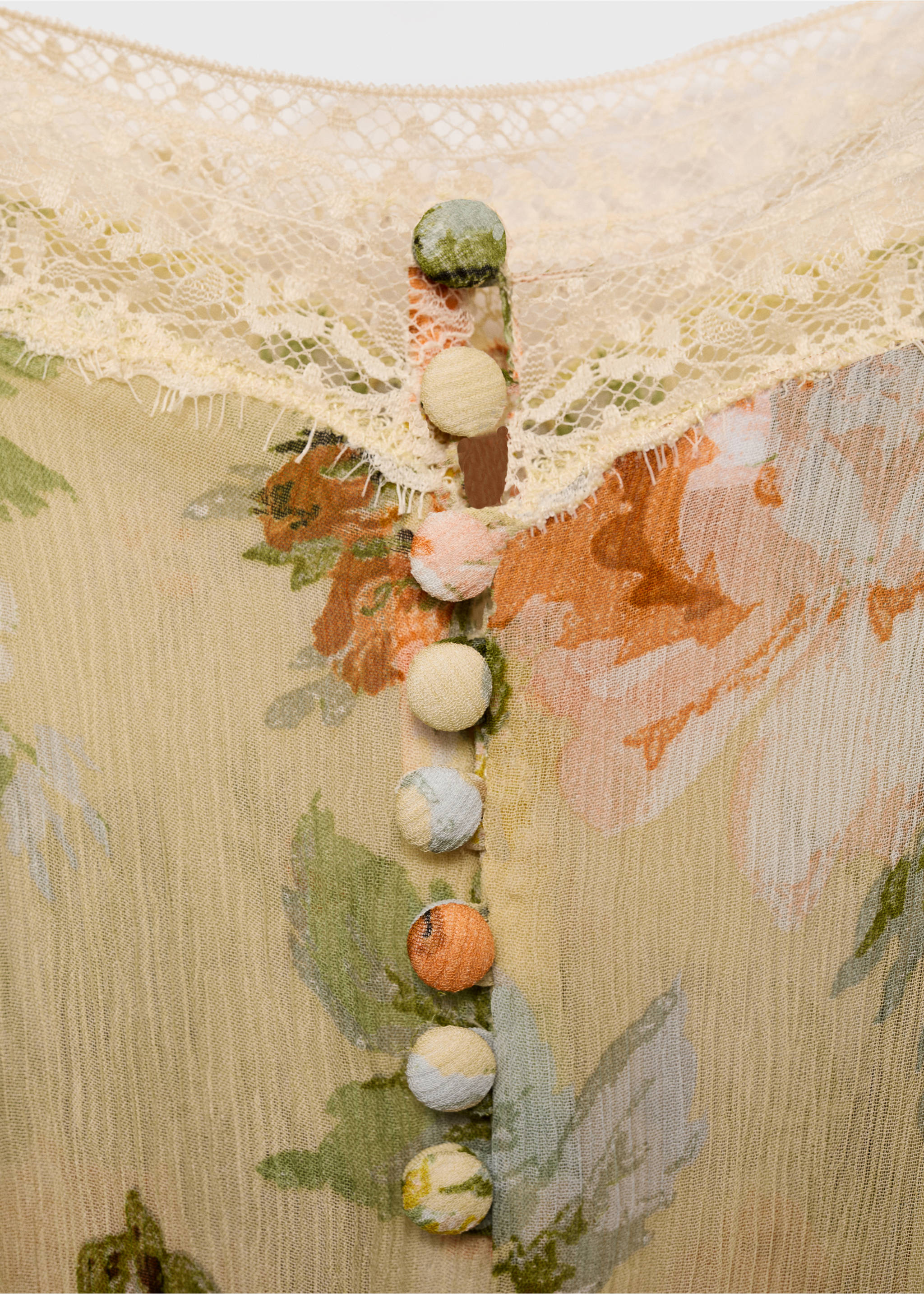 Long floral jumpsuit with puffed hem - Details of the article 8, Ecru. Ref: 87085765-00.