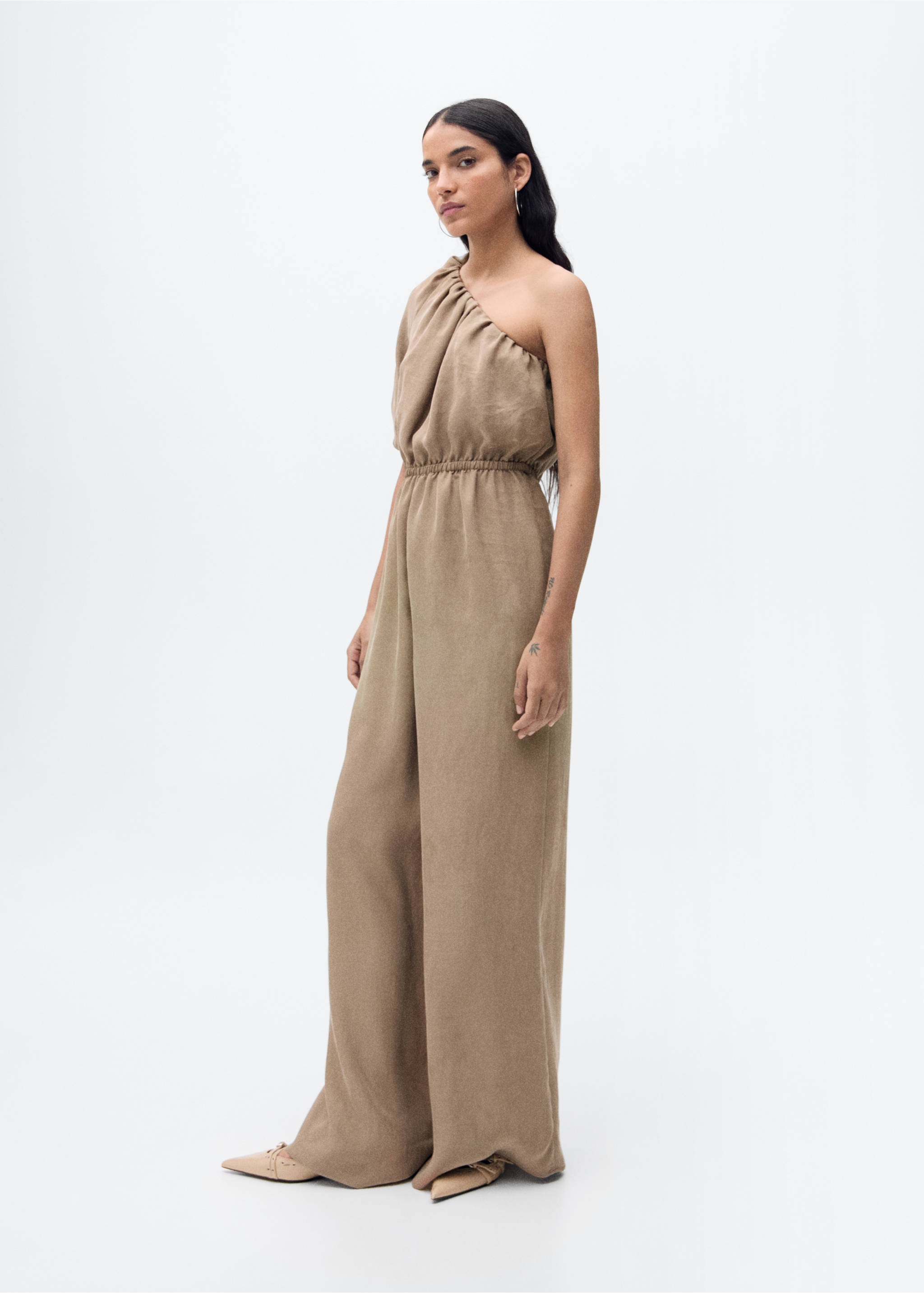 Long jumpsuit with asymmetrical gathered collar - General plane, Light/Pastel Grey. Ref: 87085766-00.