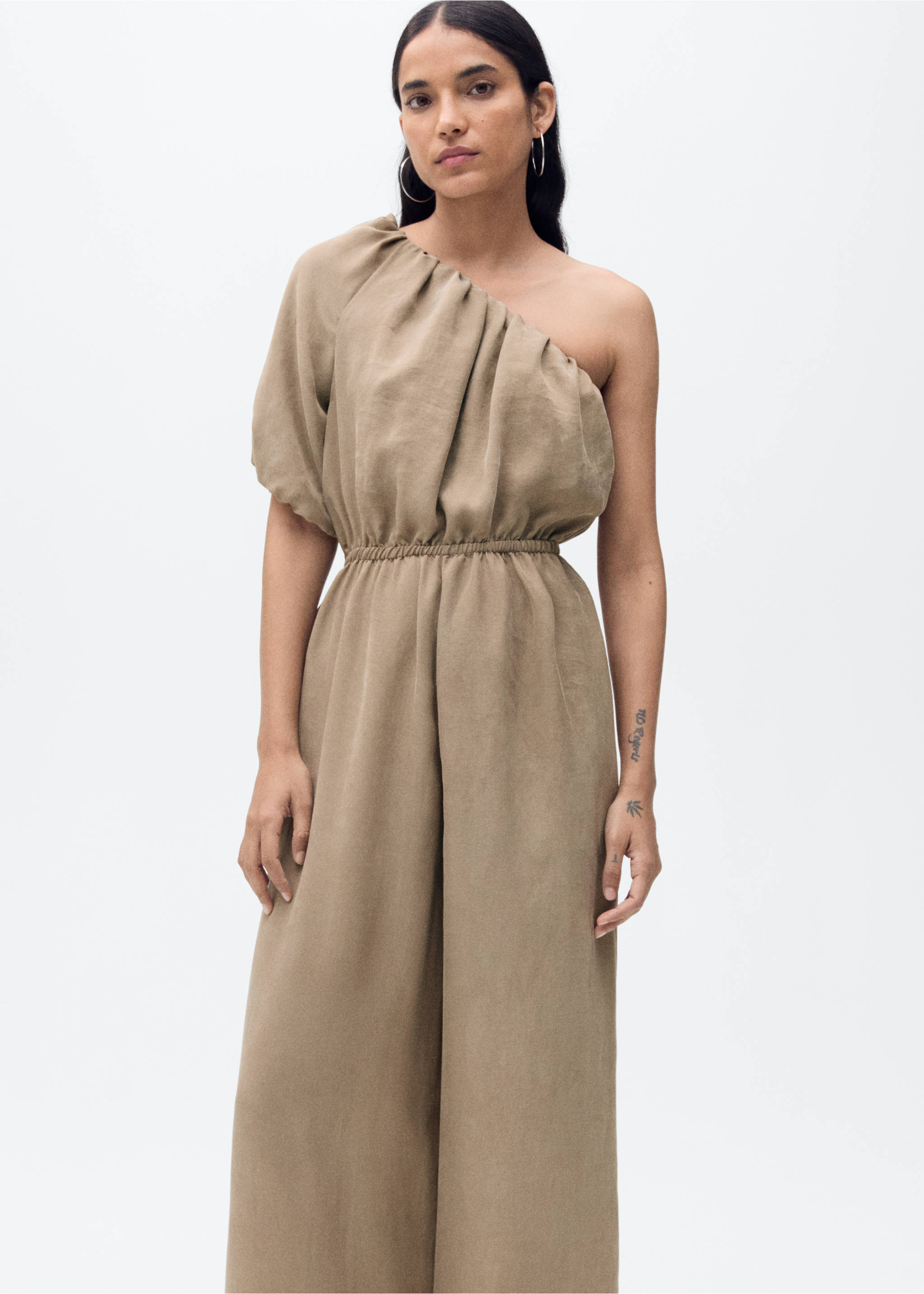 Long jumpsuit with asymmetrical gathered collar - Medium plane, Light/Pastel Grey. Ref: 87085766-00.