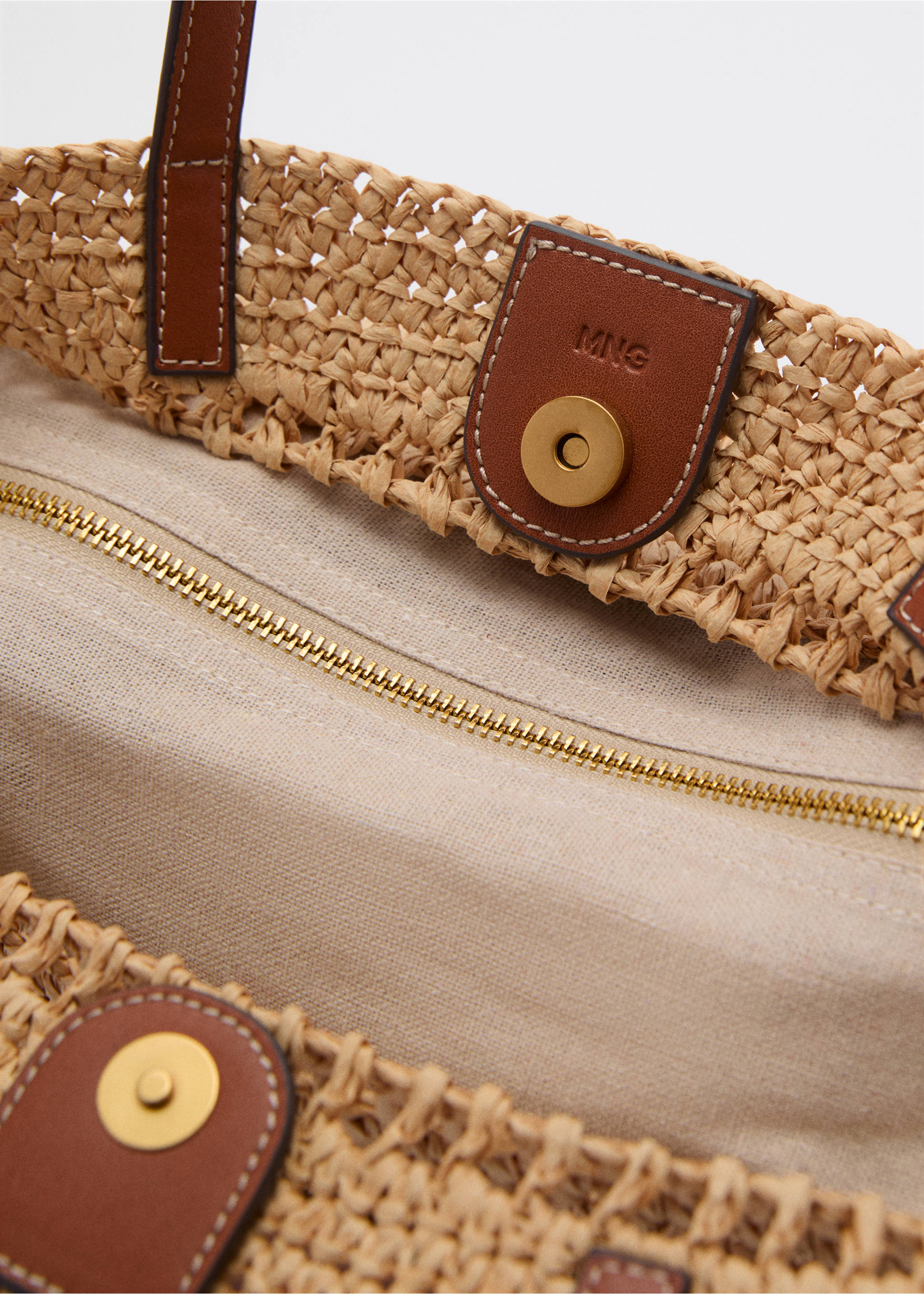 Natural fibre shopper bag - Details of the article 2, Leather. Ref: 87085919-00.