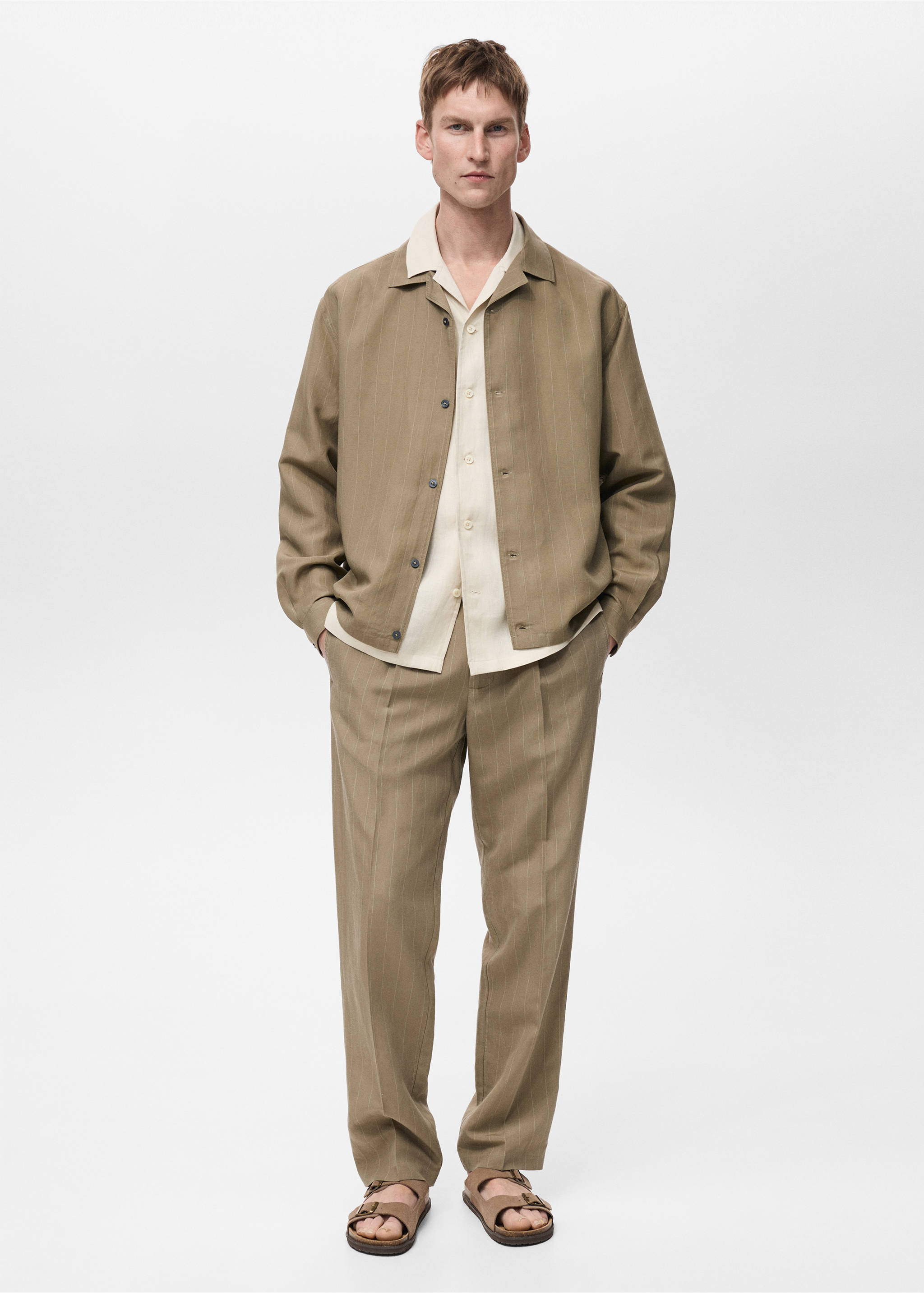 Linen-blend pinstripe overshirt - General plane, Khaki. Ref: 87085928-00.