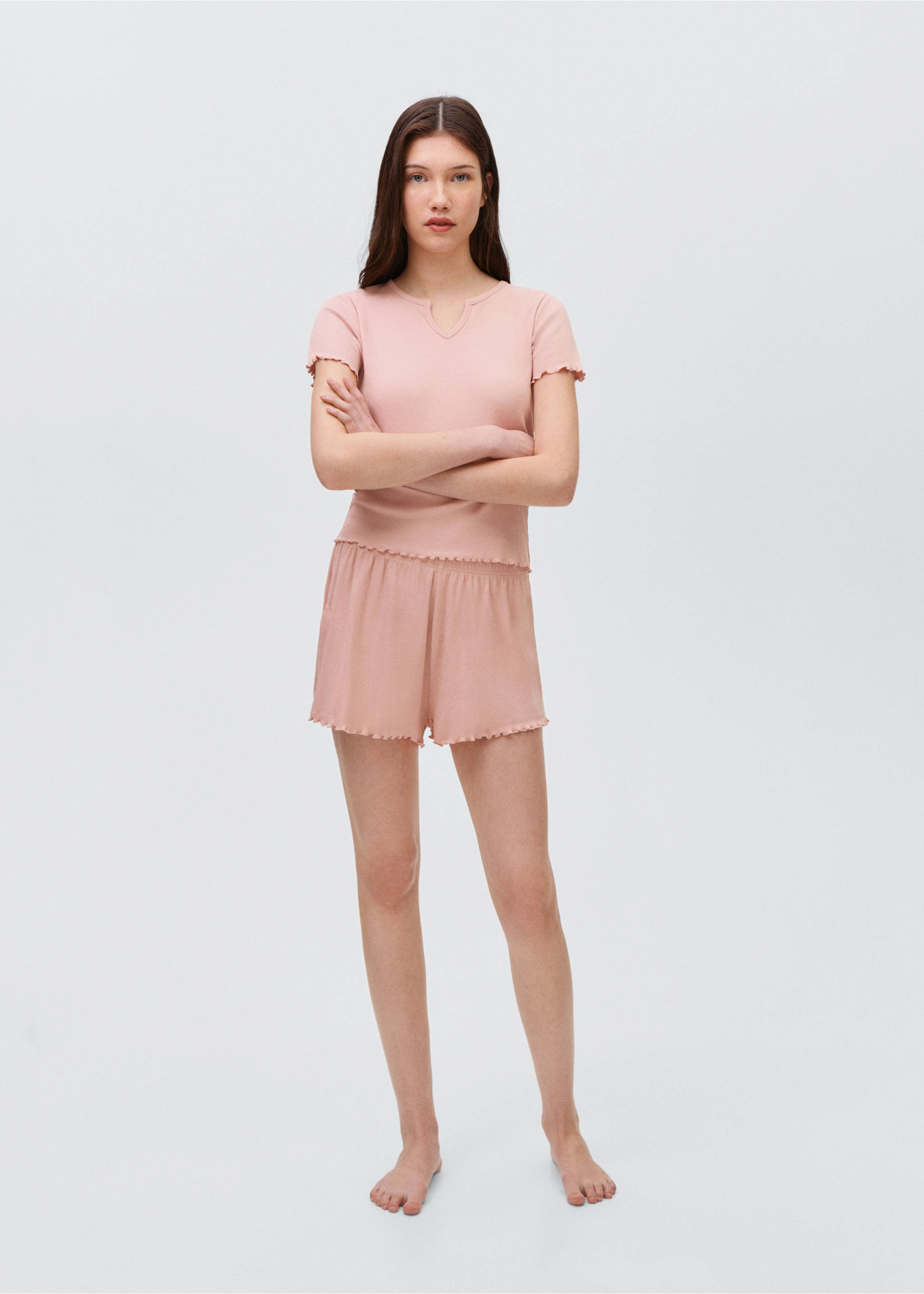 Pijama corto canalé - Plano general, Rosa pastel. Ref: 87085937-00.