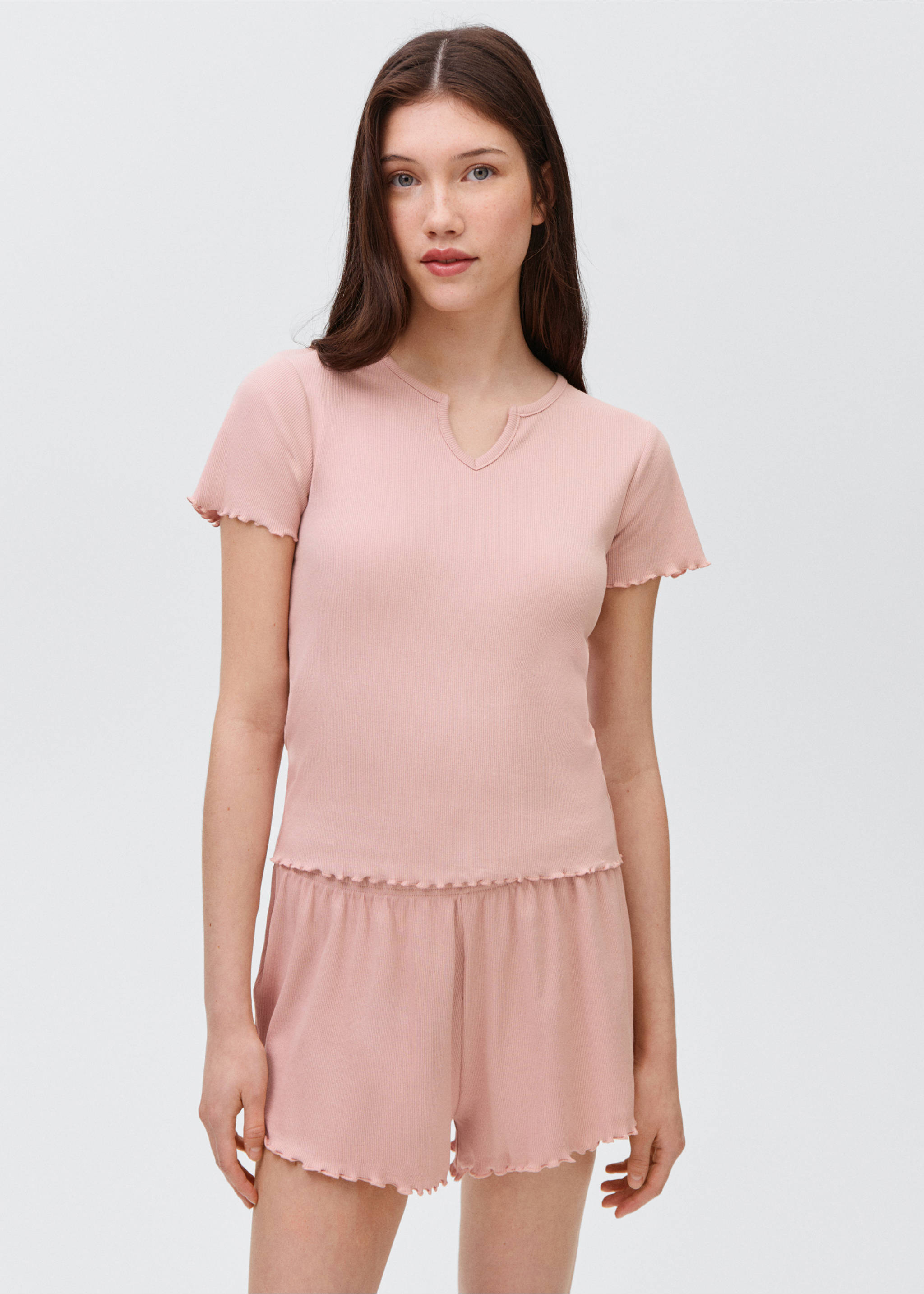 Pijama corto canalé - Plano medio, Rosa pastel. Ref: 87085937-00.