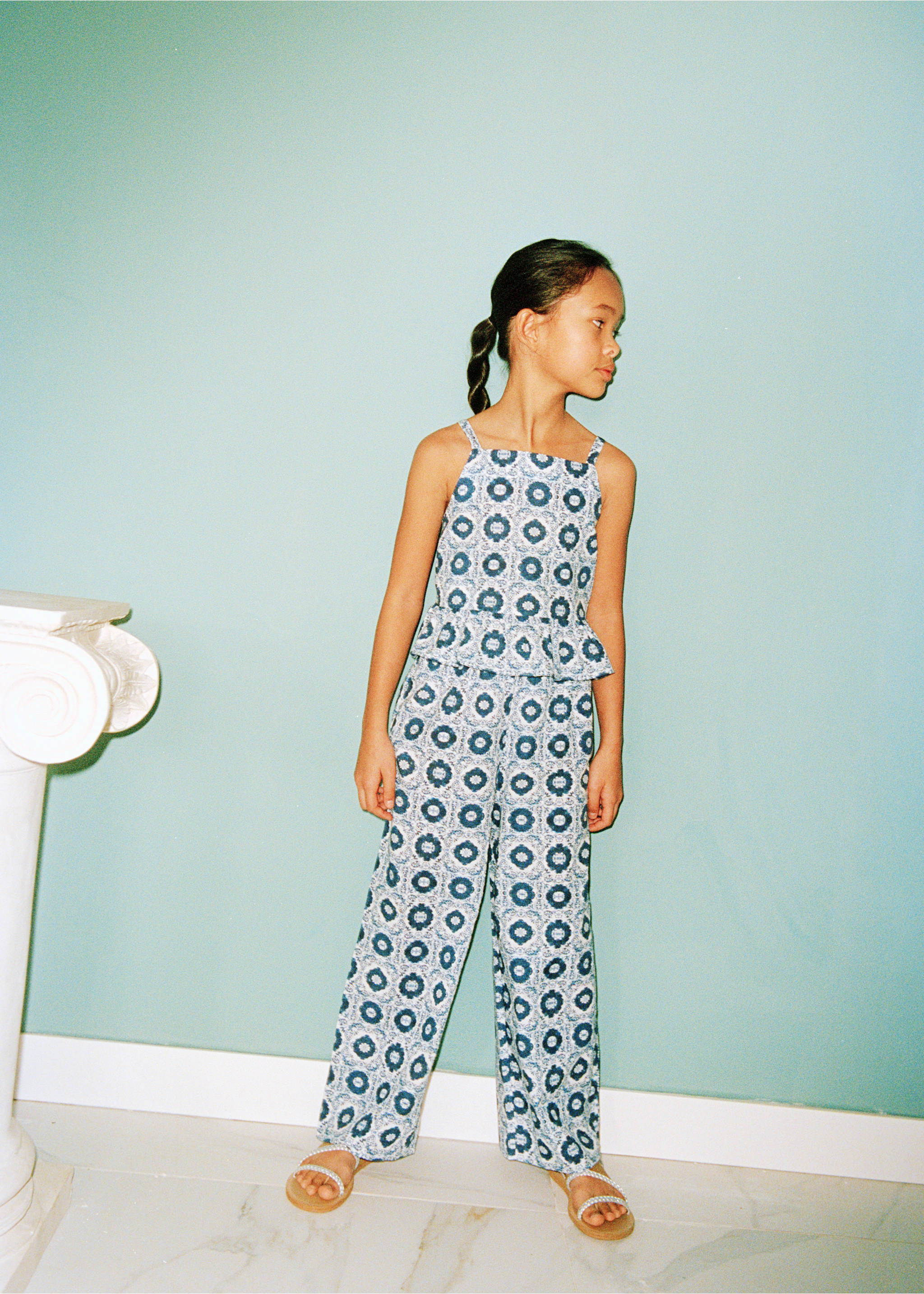 Ruffled printed blouse - Details of the article 3, Blue. Ref: 87085961-00.