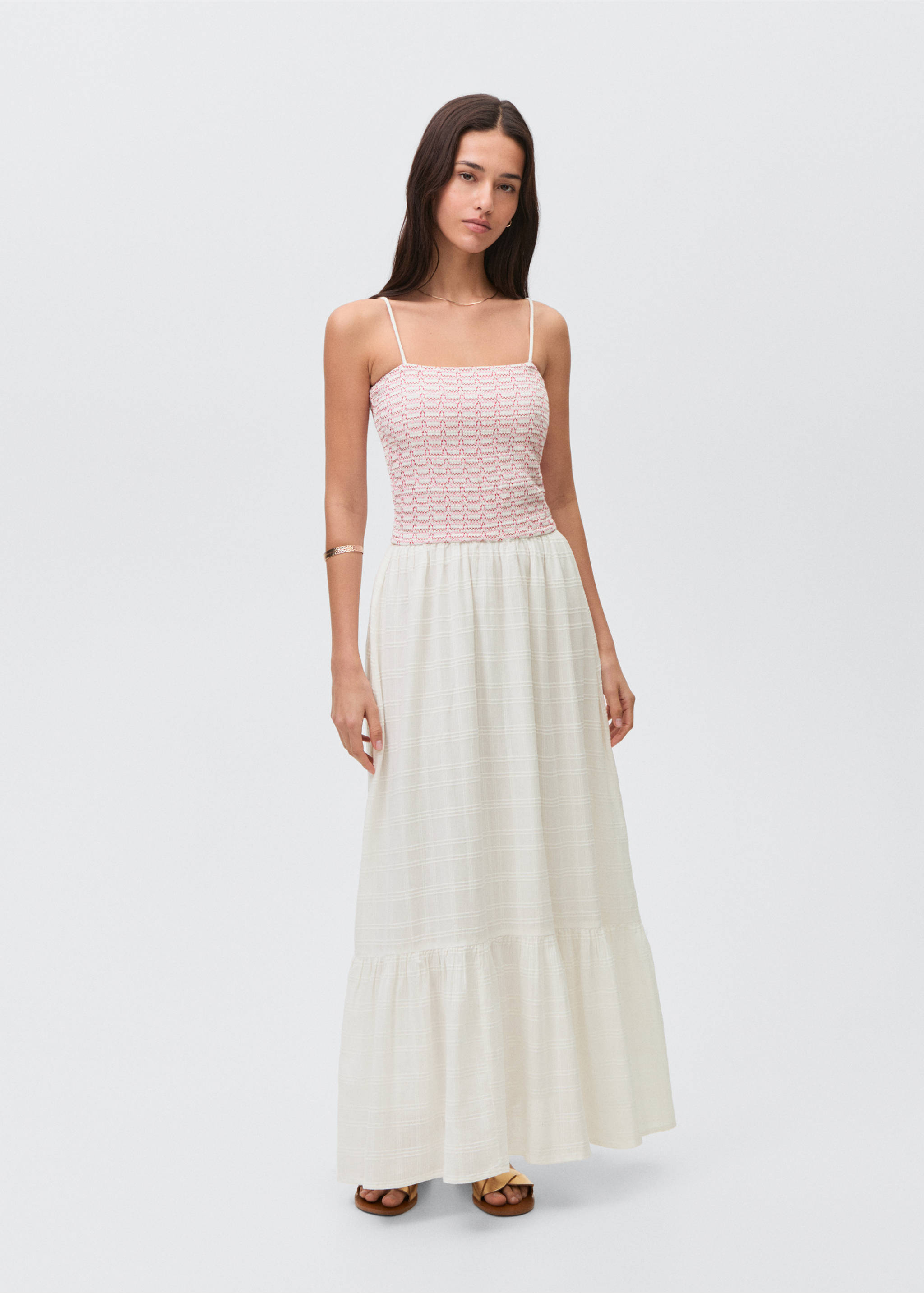 Lange jurk met geborduurd detail - Overzichtstekening, Gebroken wit. Ref: 87086338-00.