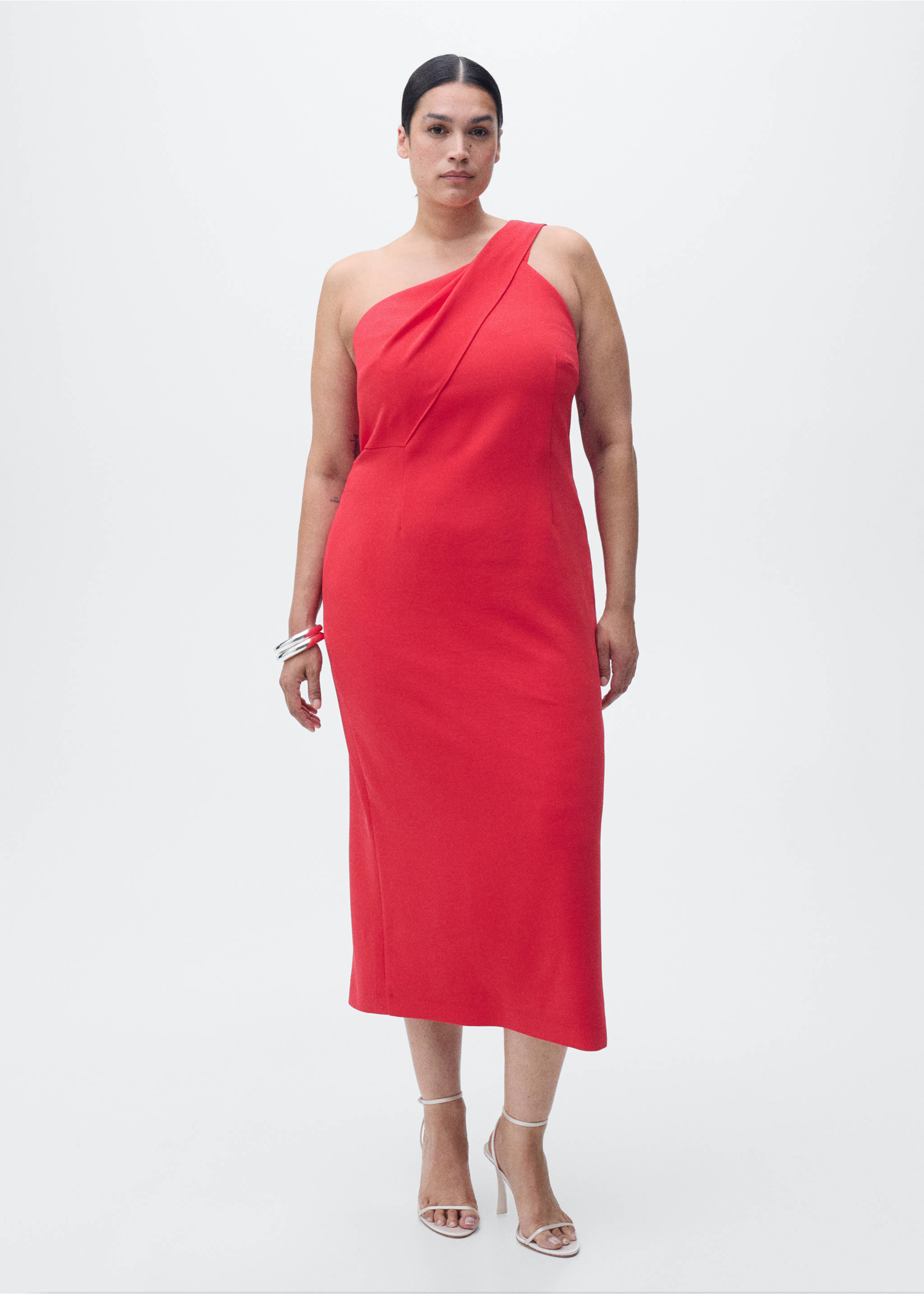 Vestido assimétrico de gola com laço - Pormenor do artigo 3, Vermelho. Ref: 87086350-00.