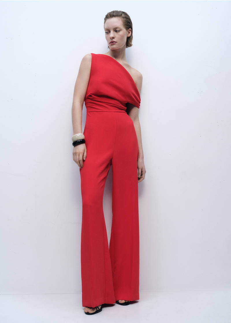 Long asymmetrical draped jumpsuit - Red