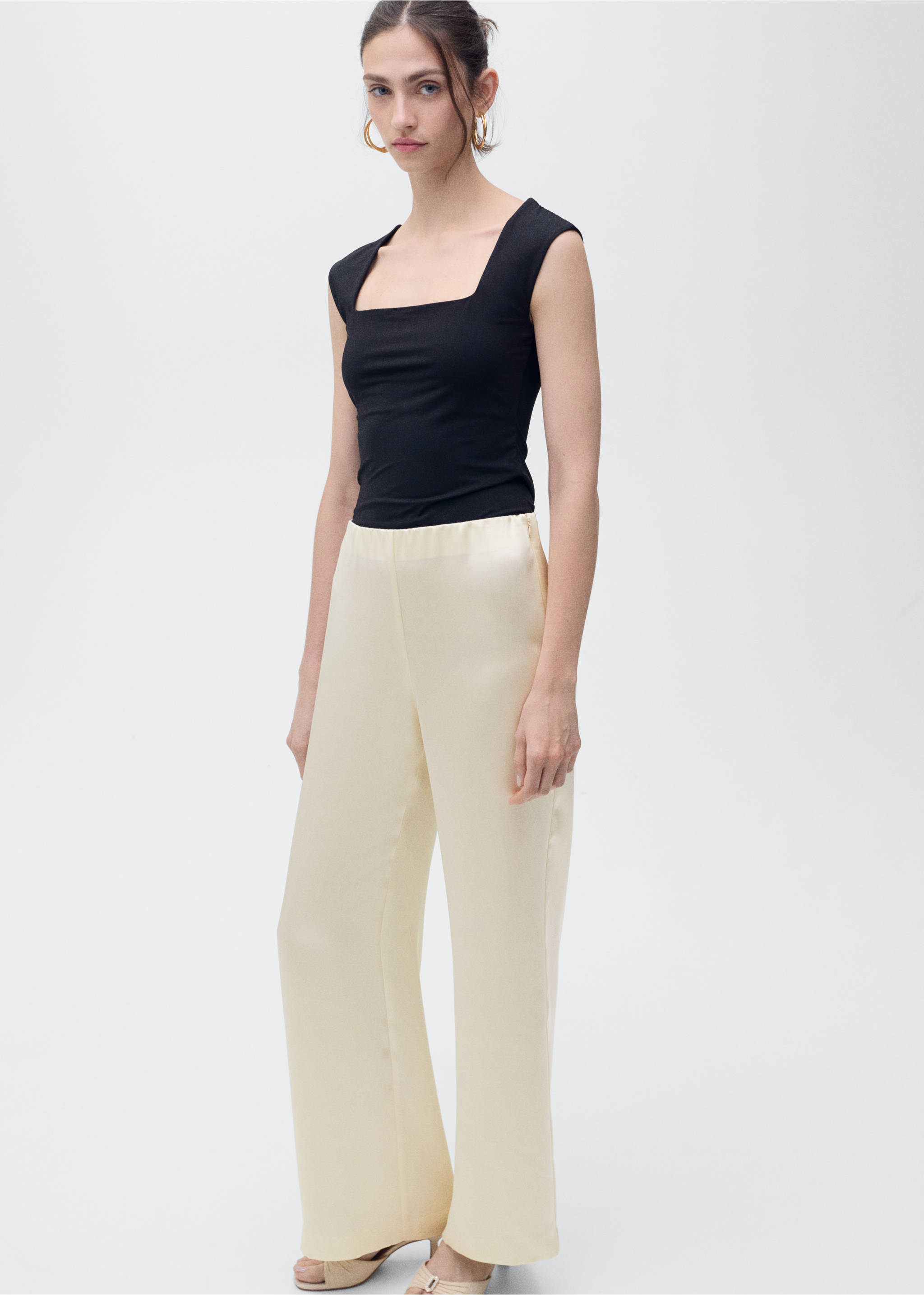 Satin straight-fit trousers - Details of the article 2, Ecru. Ref: 87086710-00.