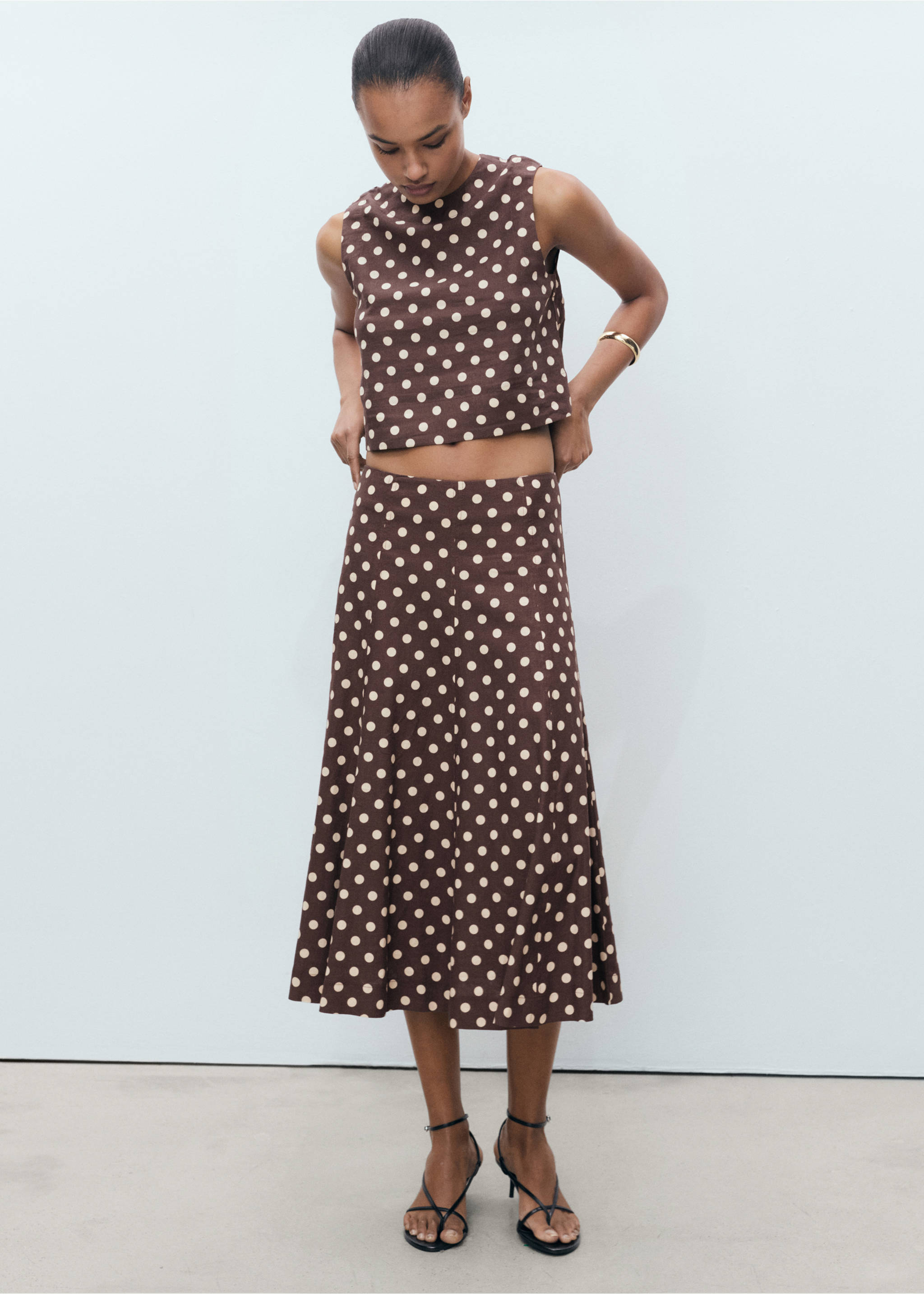 Flared linen skirt with polka dots - General plane, Chocolate. Ref: 87087161-00.