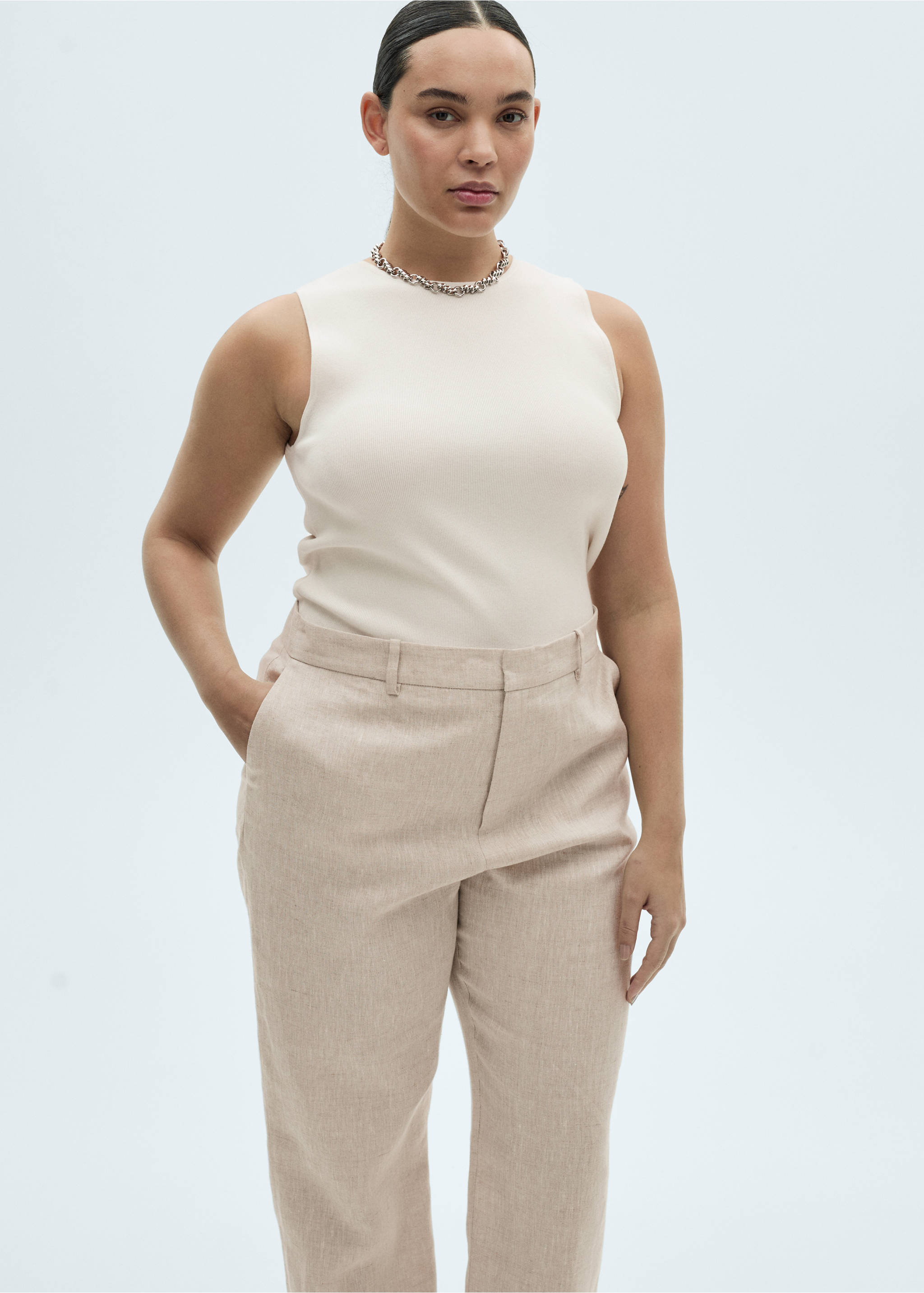 Linen suit trousers - Details of the article 5, Light/Pastel Grey. Ref: 87087162-00.